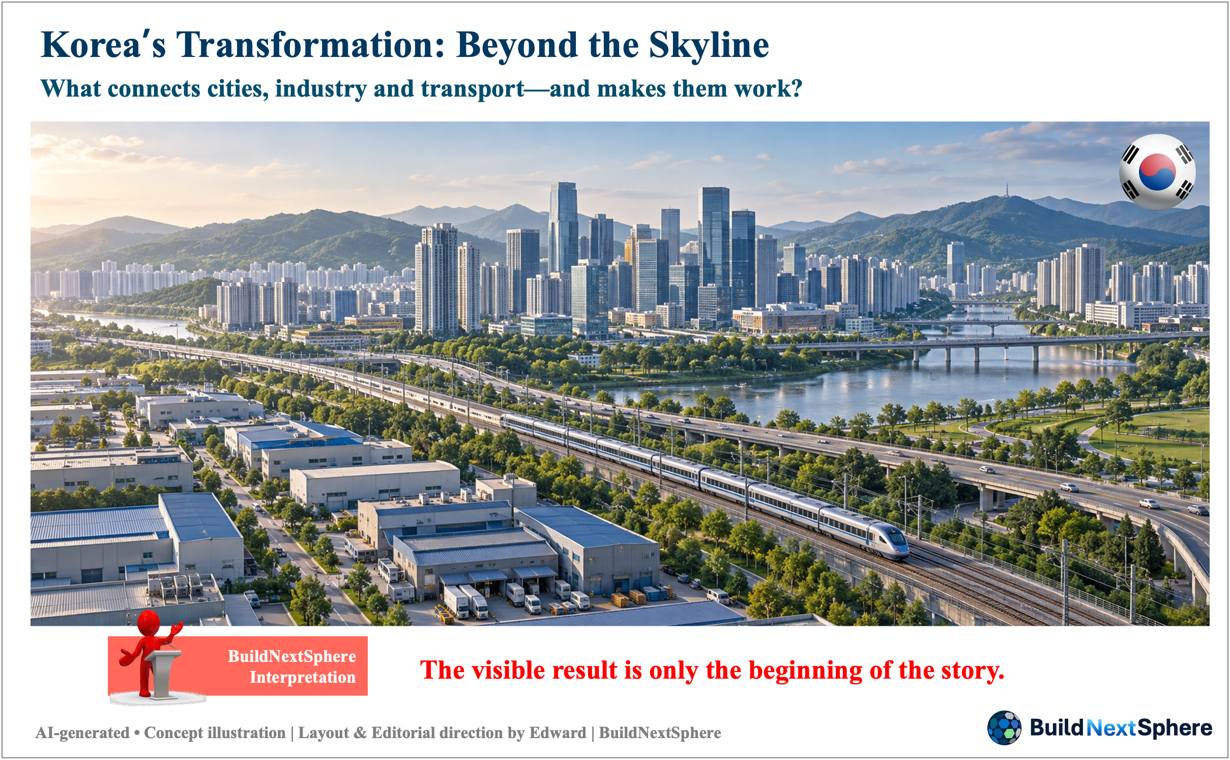 Concept illustration of a Korean-inspired skyline, industrial district and passenger railway.