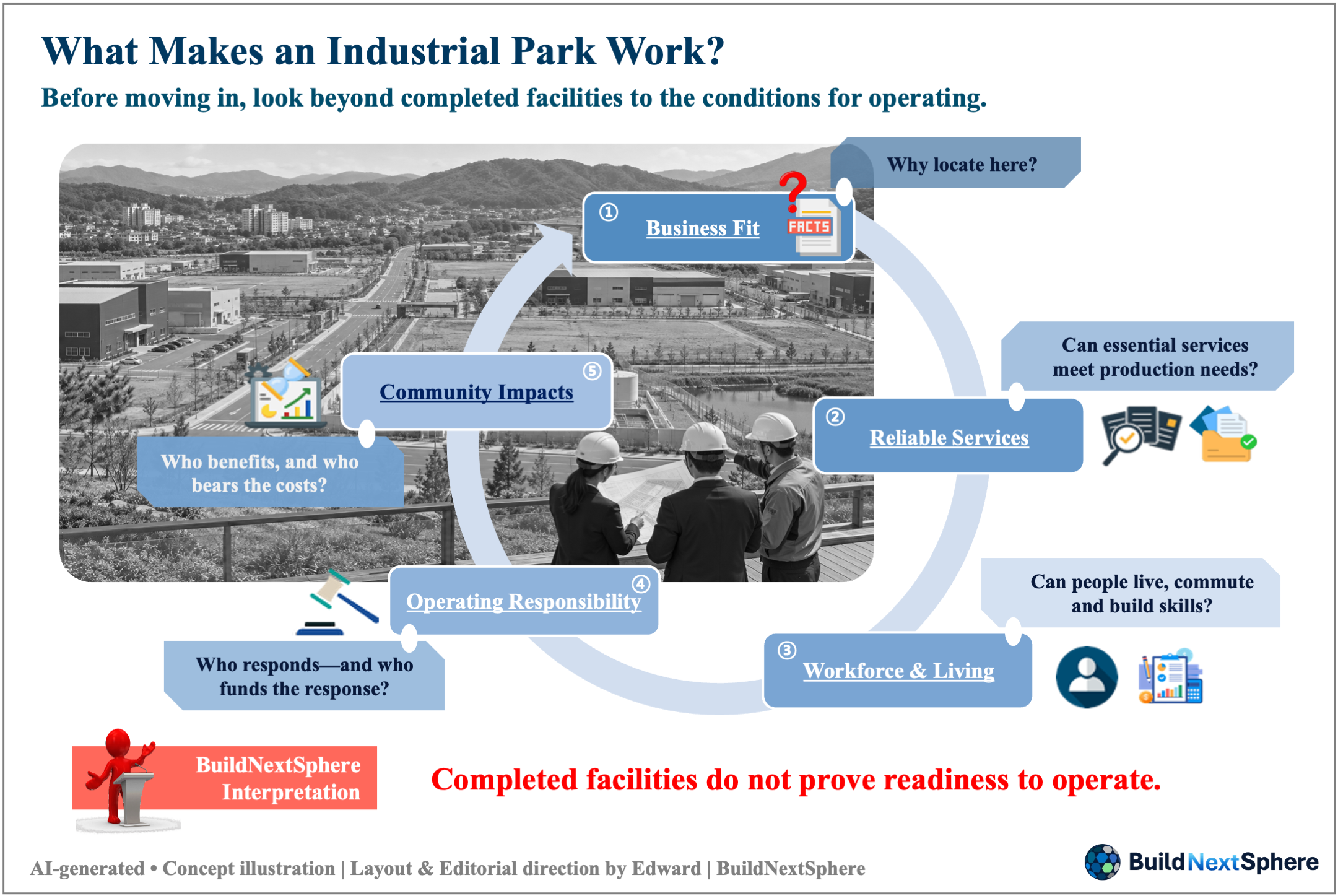 A hypothetical industrial park and five linked review questions about business fit, services, workforce and living conditions, operating responsibility and community impacts.