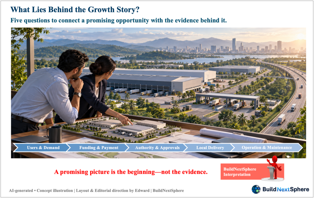 An imagined logistics district and model introduce five connected questions: users, funding, approvals, local delivery, and operation and maintenance.