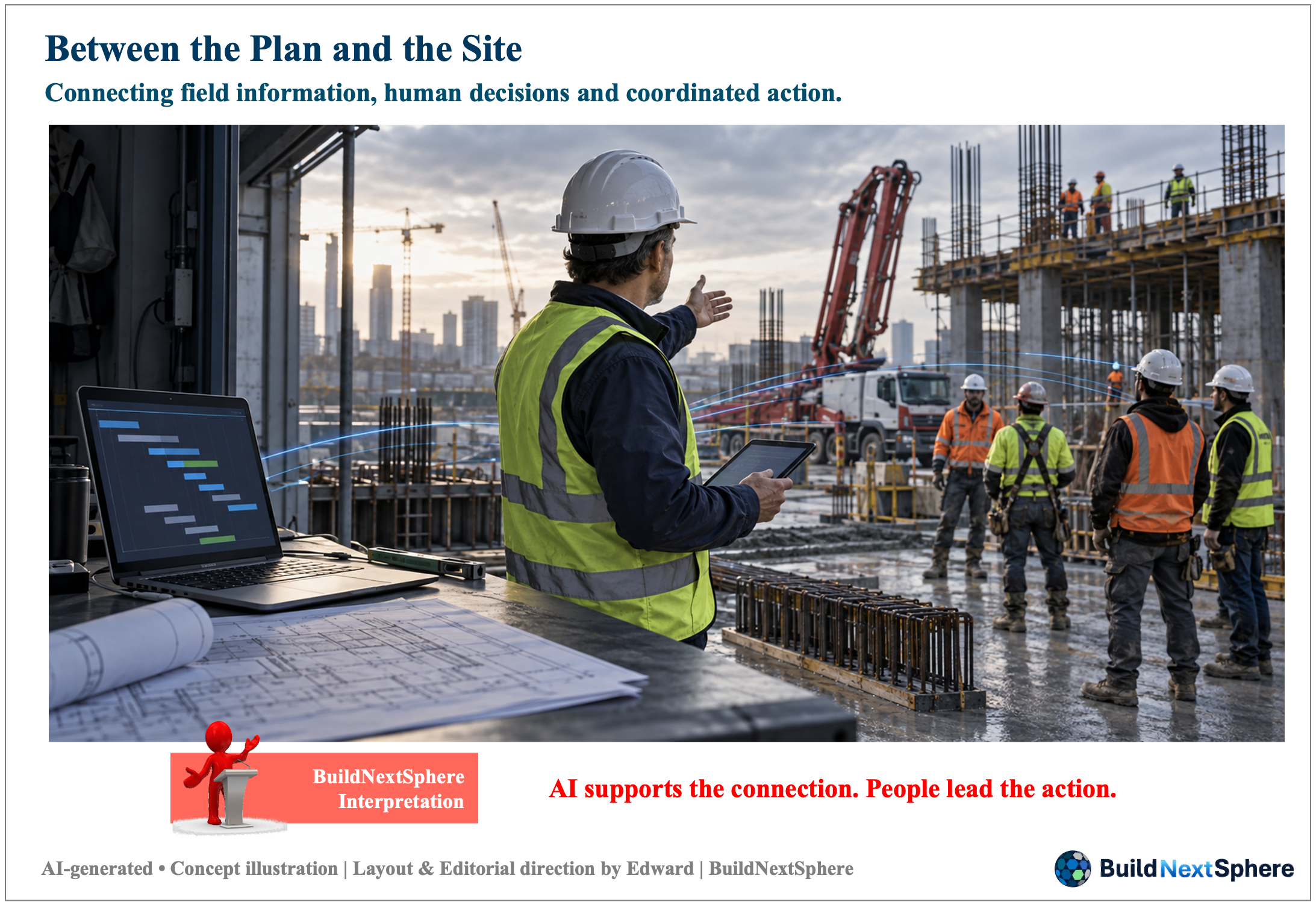 Concept illustration of a construction manager connecting a laptop plan with field crews and concrete-pour activities.
