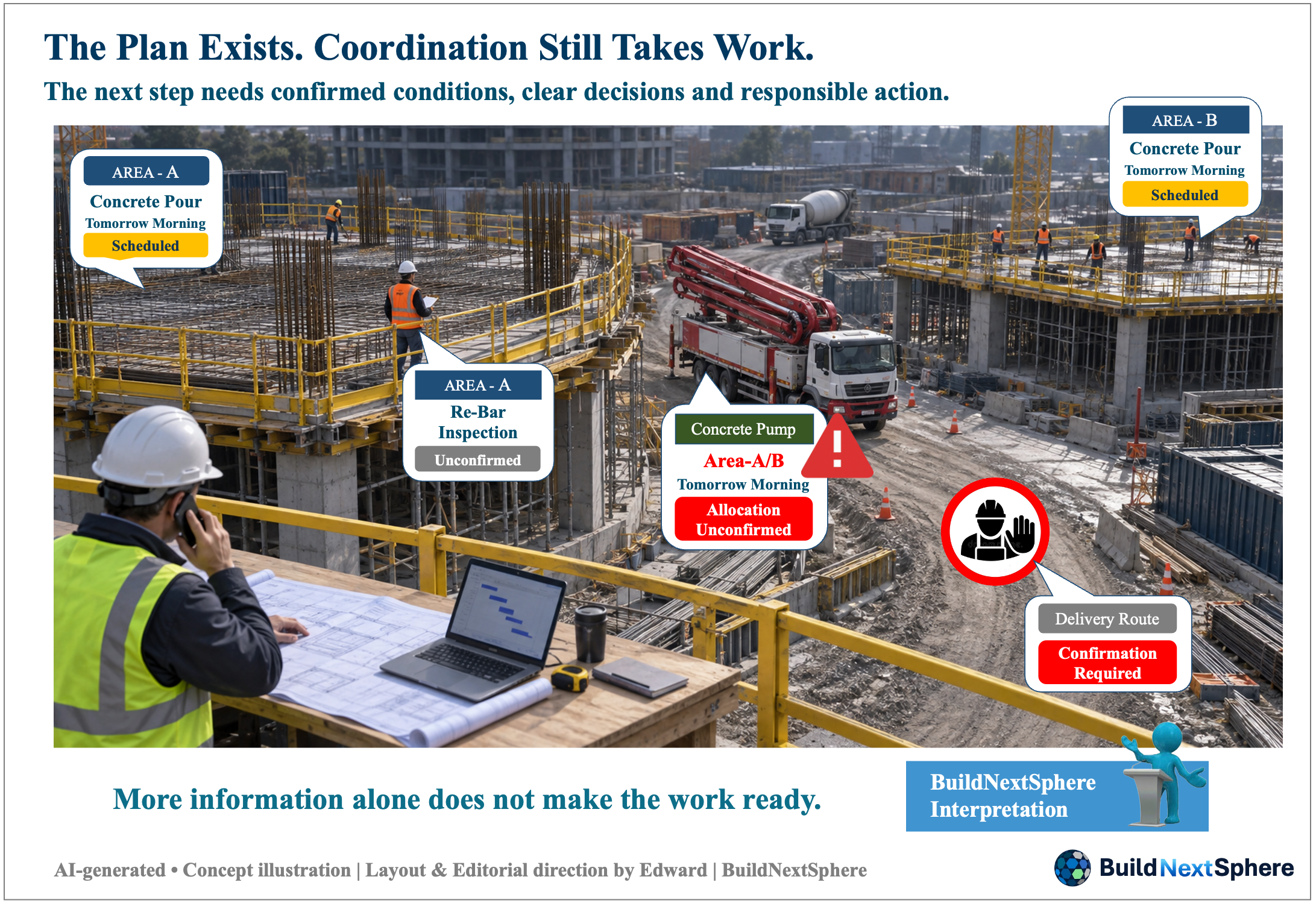 Hypothetical construction site with Areas A and B requesting one pump and an unconfirmed reinforcement inspection.