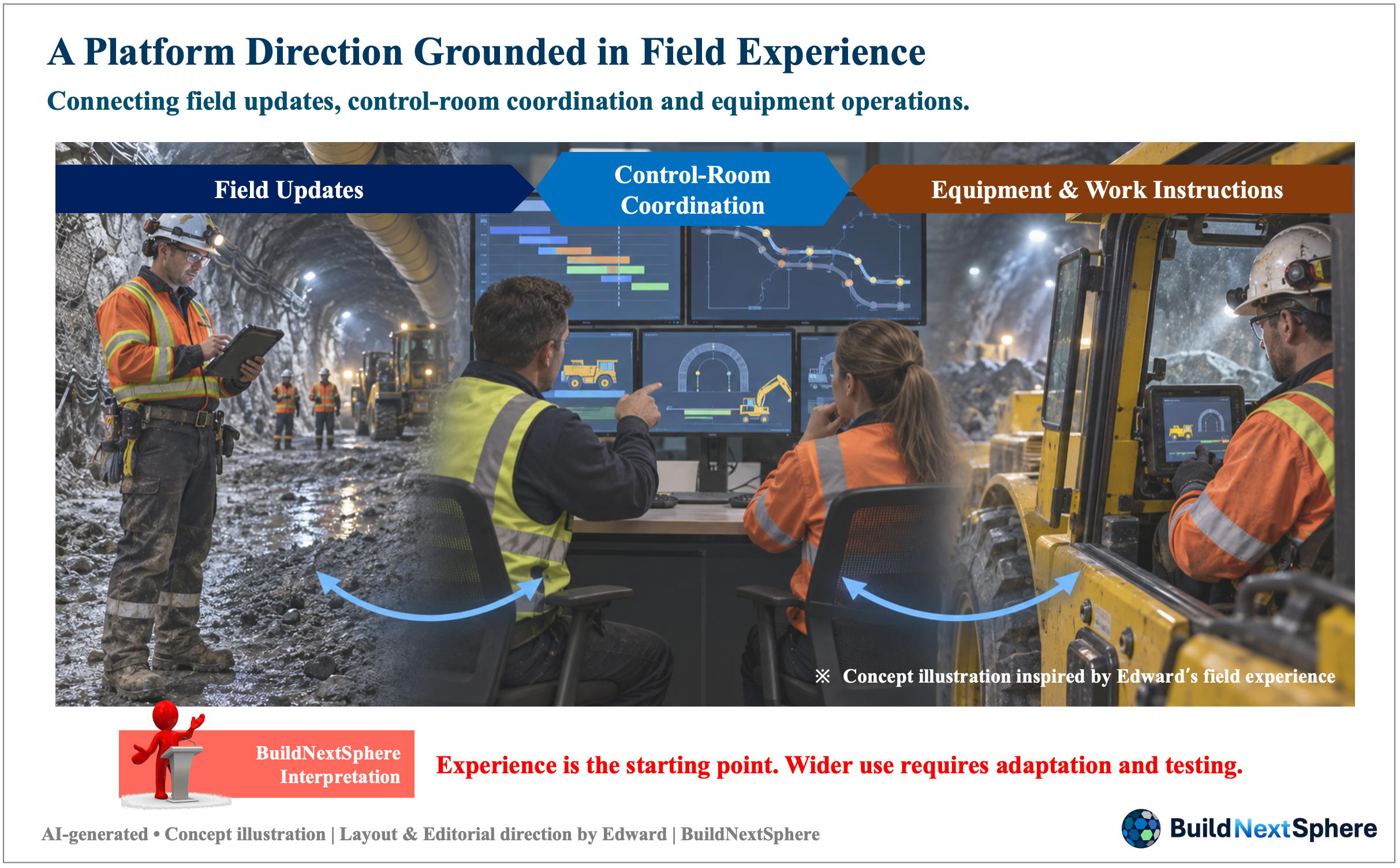 Concept montage connecting underground field updates, control-room coordination and equipment work instructions.
