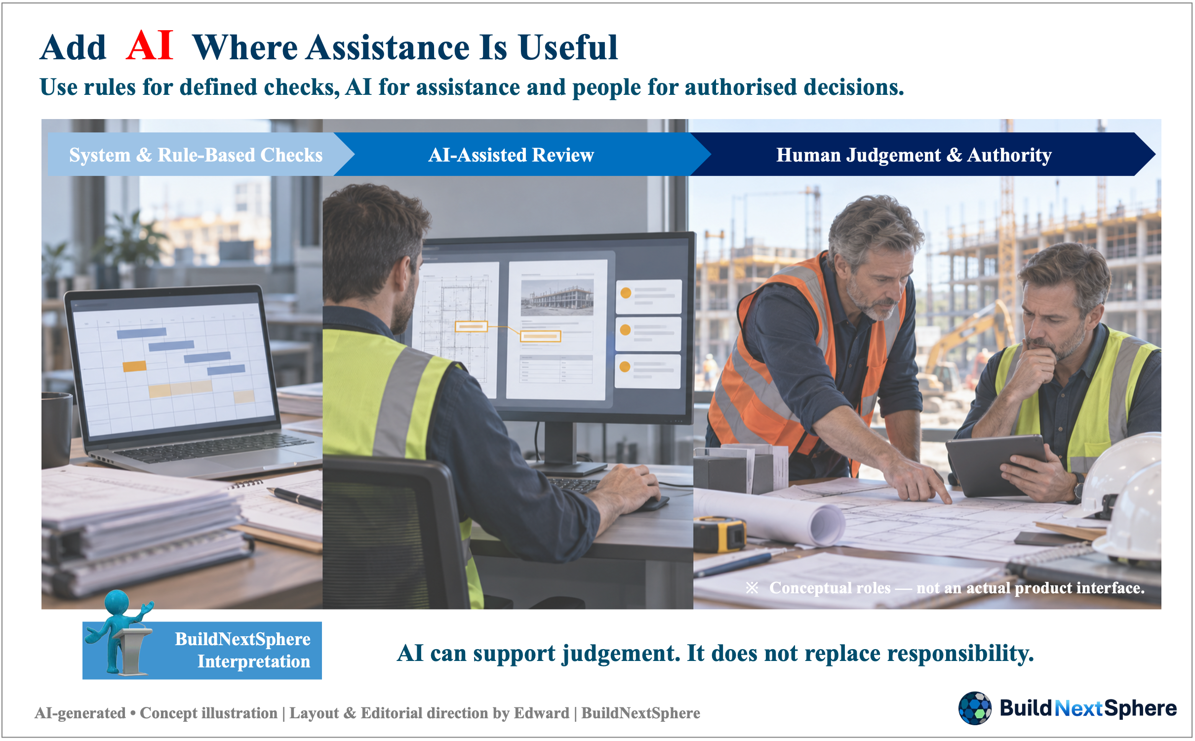 System checks, AI-assisted review and human decision-making shown as distinct support roles.