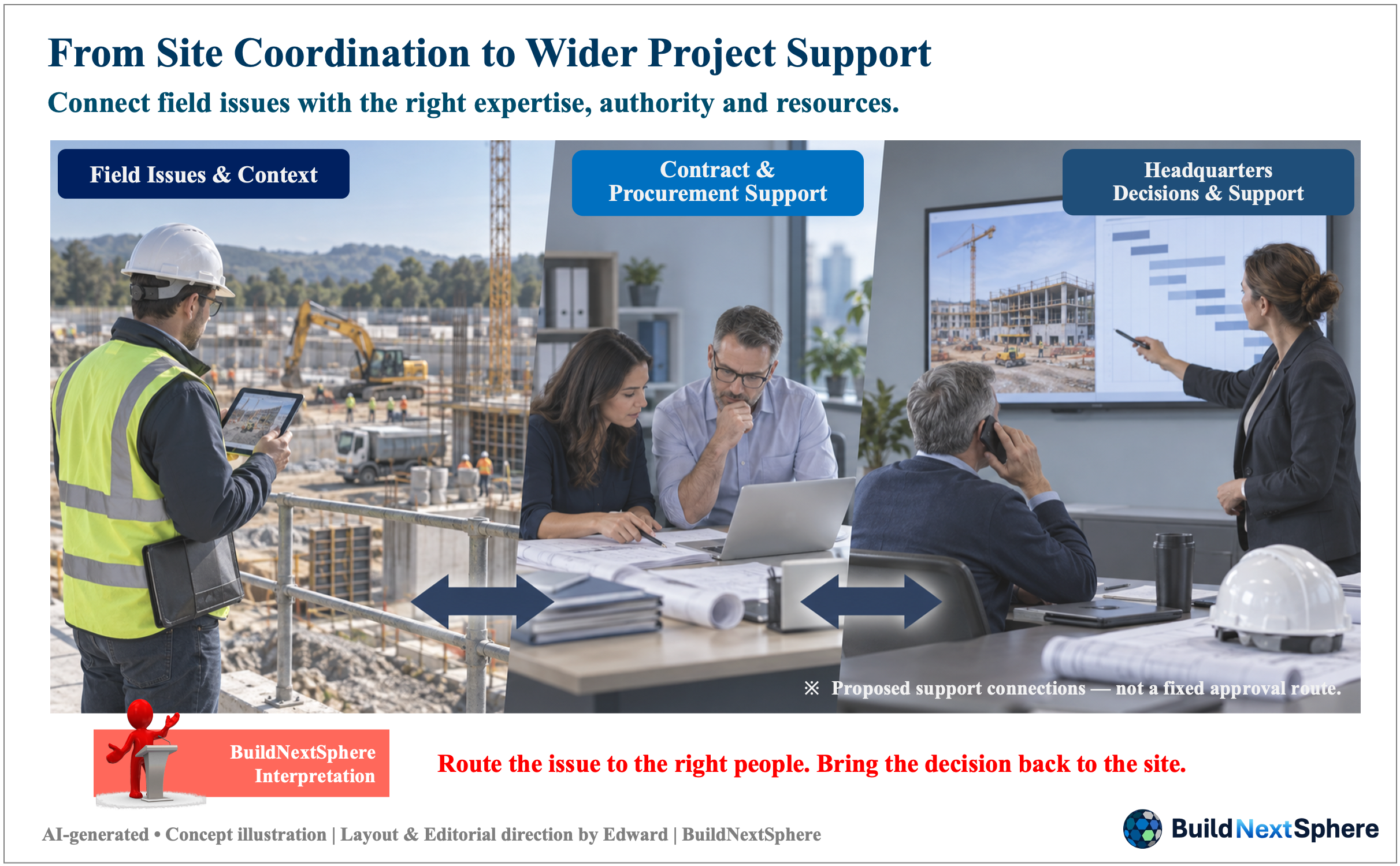 Concept montage linking a site engineer, contract and procurement reviewers, and headquarters support.