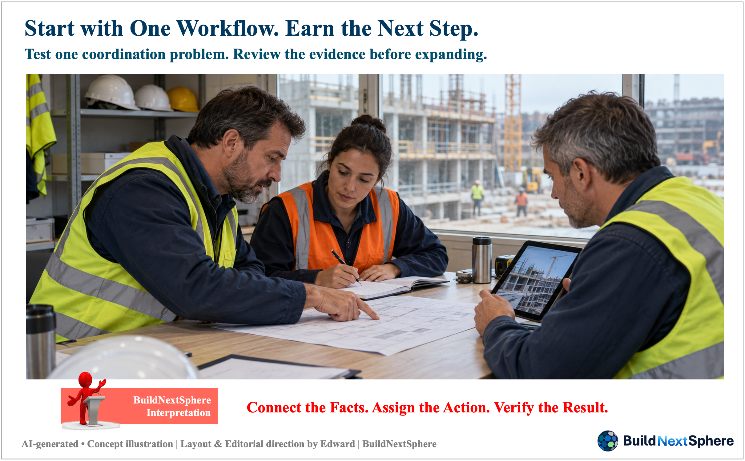 Three construction professionals reviewing plans, written records and a field photograph during a small workflow trial.