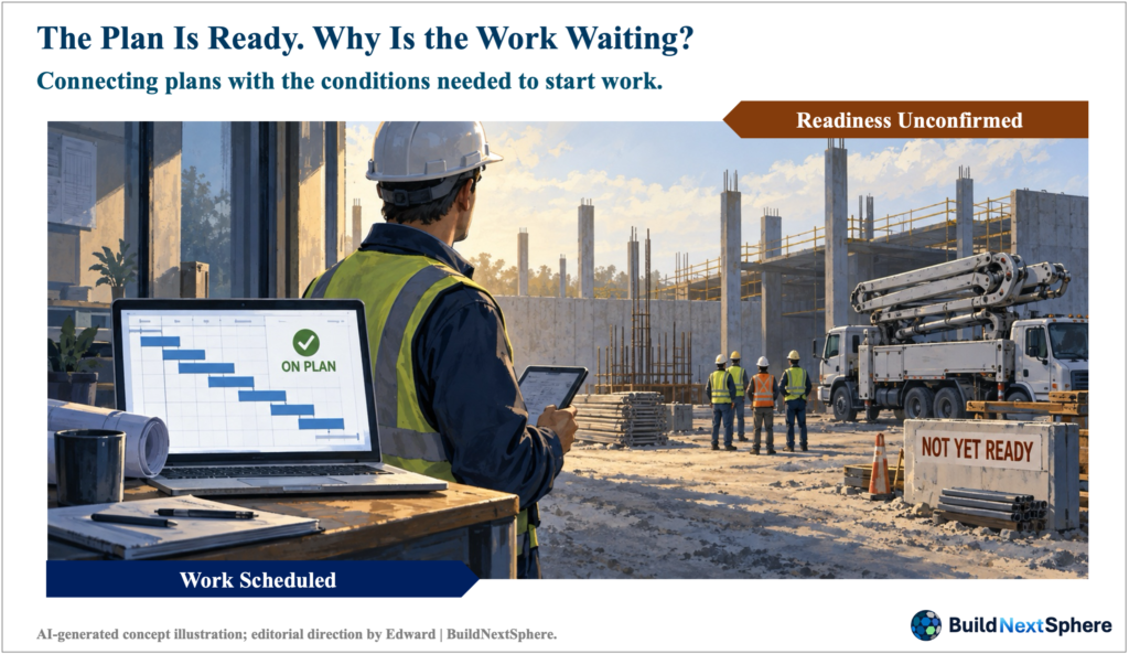 Concept illustration of planned concrete placement and unconfirmed work-readiness conditions.
