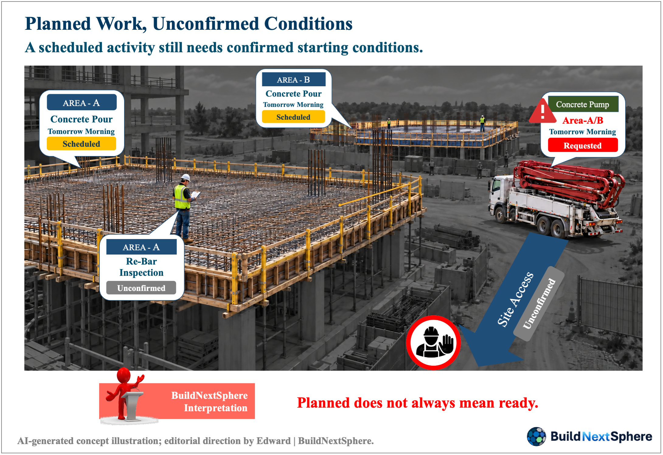 Hypothetical Areas A and B requesting the same concrete pump with inspection and access unconfirmed.