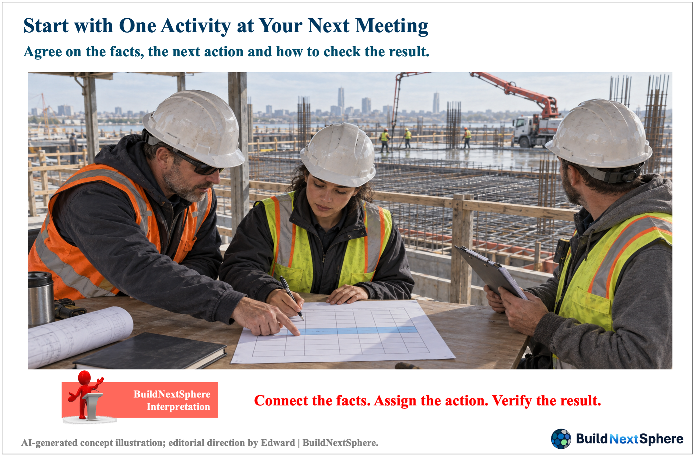 Closing illustration accompanying the message to connect facts, assign action and verify results.