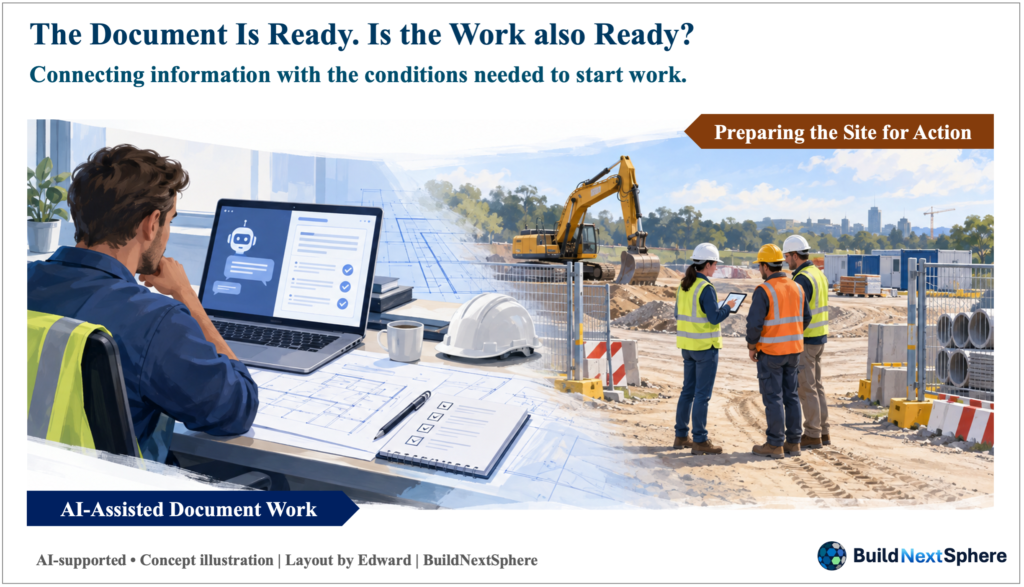 Concept illustration contrasting a completed document with the conditions needed to start construction work.