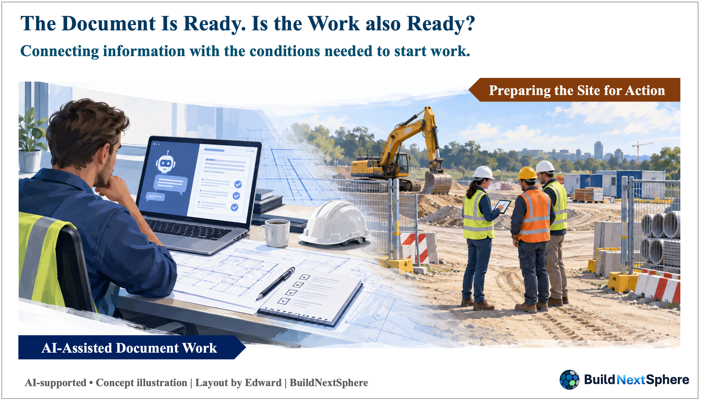 Concept illustration contrasting a completed document with the conditions needed to start construction work.