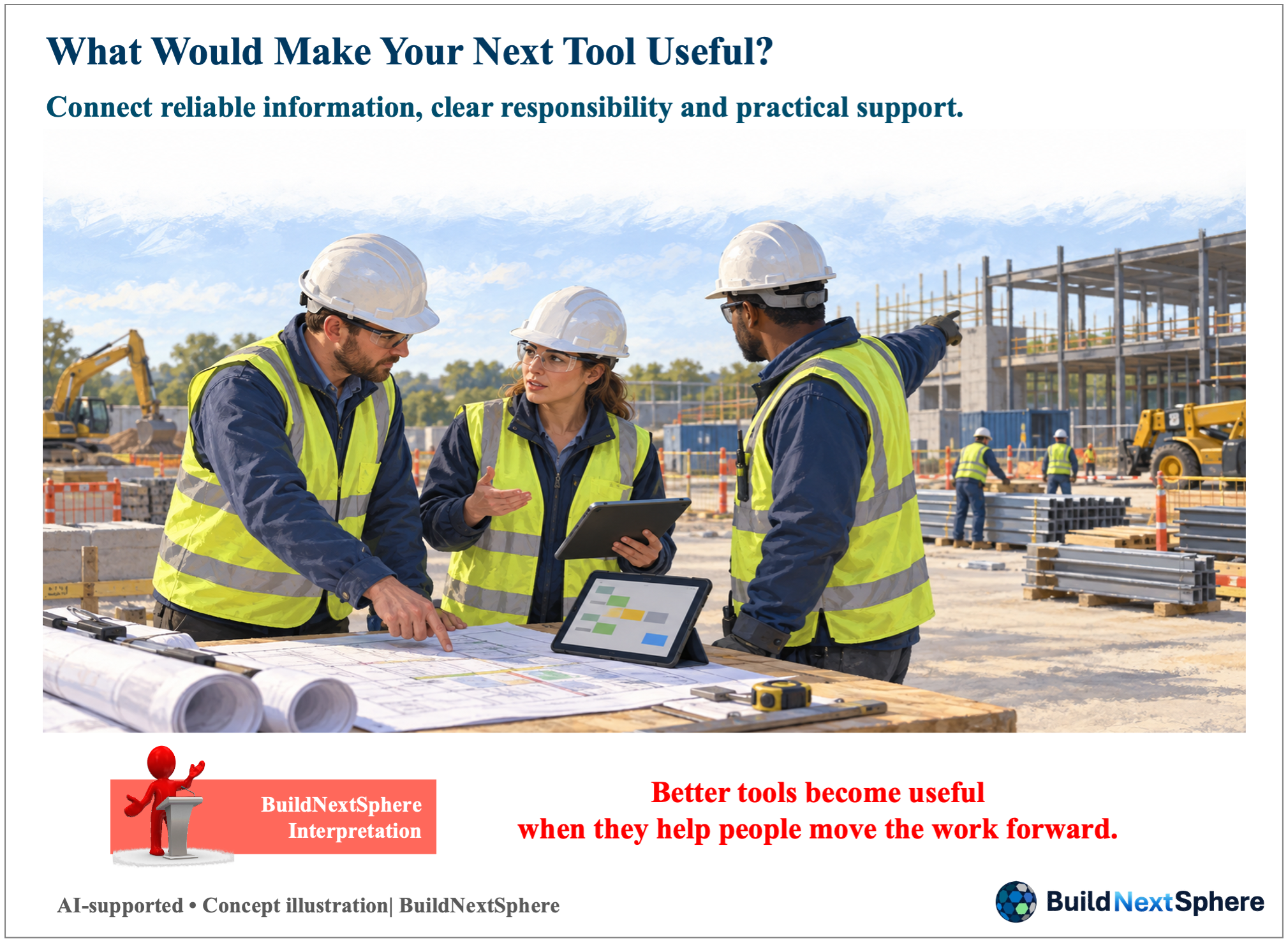 Concept illustration connecting people, information and tools to move construction work forward.