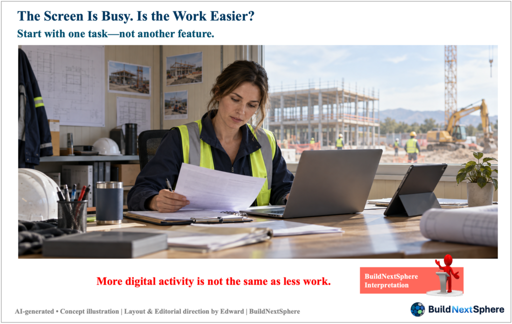 Illustrated construction-office supervisor reviews paper records, laptop and tablet; the headline asks whether digital activity makes work easier.