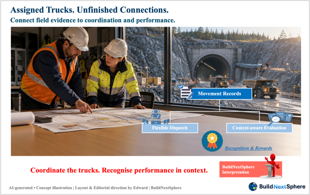 Concept scene of engineers reviewing a vehicle allocation plan beside an underground construction access area.