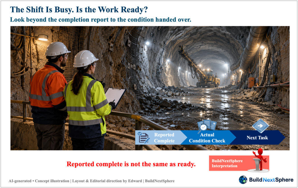 Two engineers observe a damp tunnel work area. A diagram links Reported Complete, Actual Condition Check and Next Task.