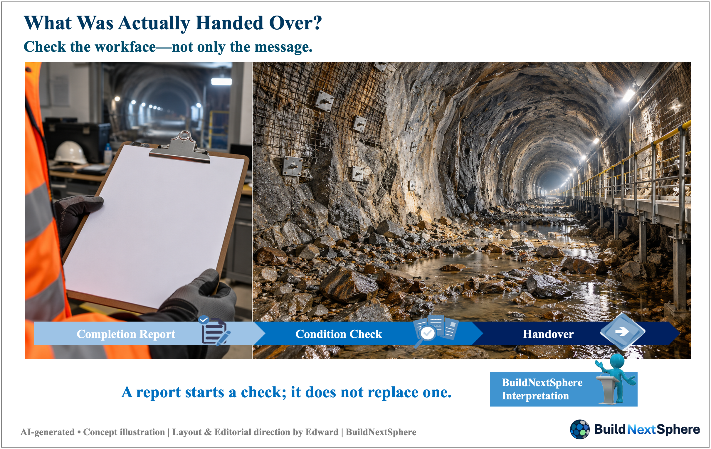 A blank report beside a wet, rock-covered tunnel floor, with a strip labelled Completion Report, Condition Check and Handover.