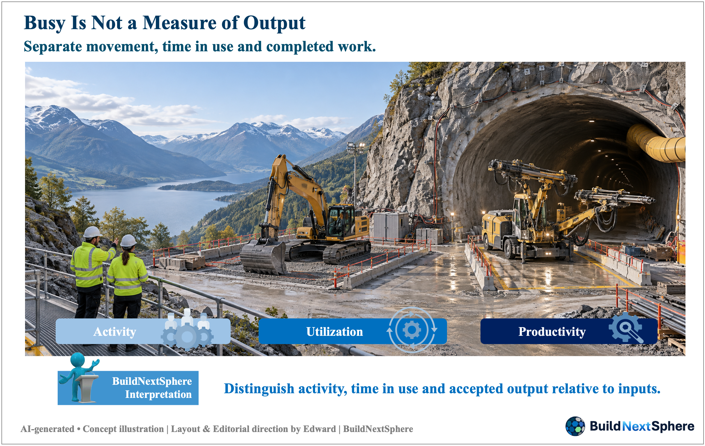 Equipment outside a fictional tunnel, with three parallel panels labelled Activity, Utilization and Productivity.