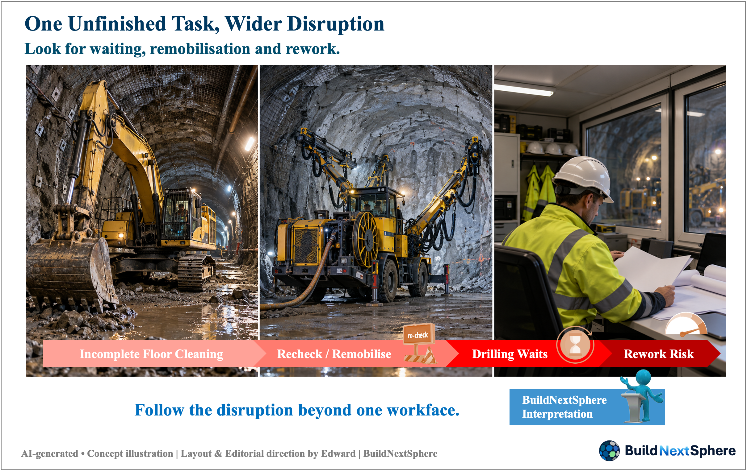 Three scenes show an excavator, drilling equipment and a site-office review. A strip labels Incomplete Floor Cleaning, Recheck / Remobilise, Drilling Waits and Rework Risk.