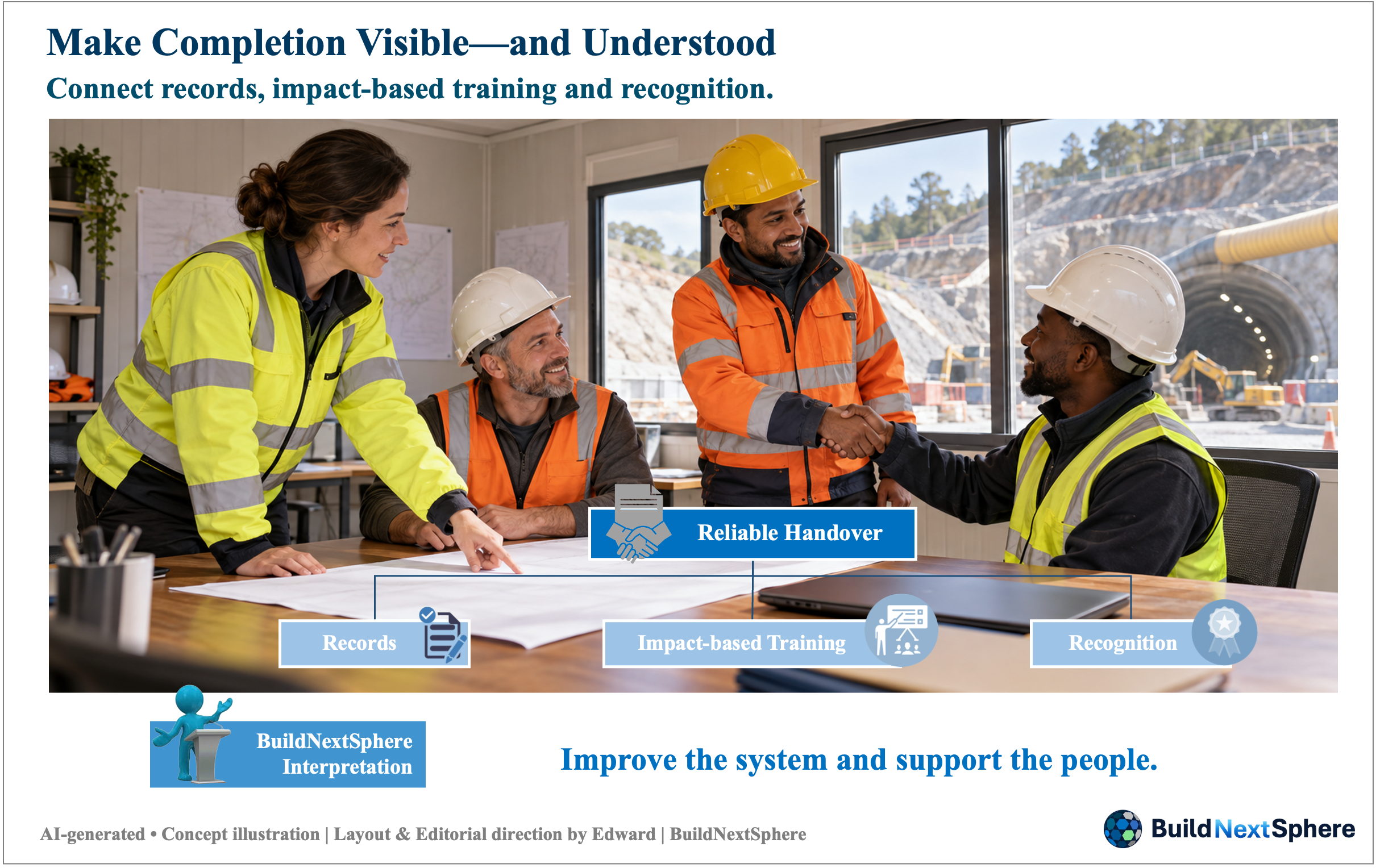 Four site personnel discuss records and recognise a colleague. Records, Impact-based Training and Recognition connect to Reliable Handover.