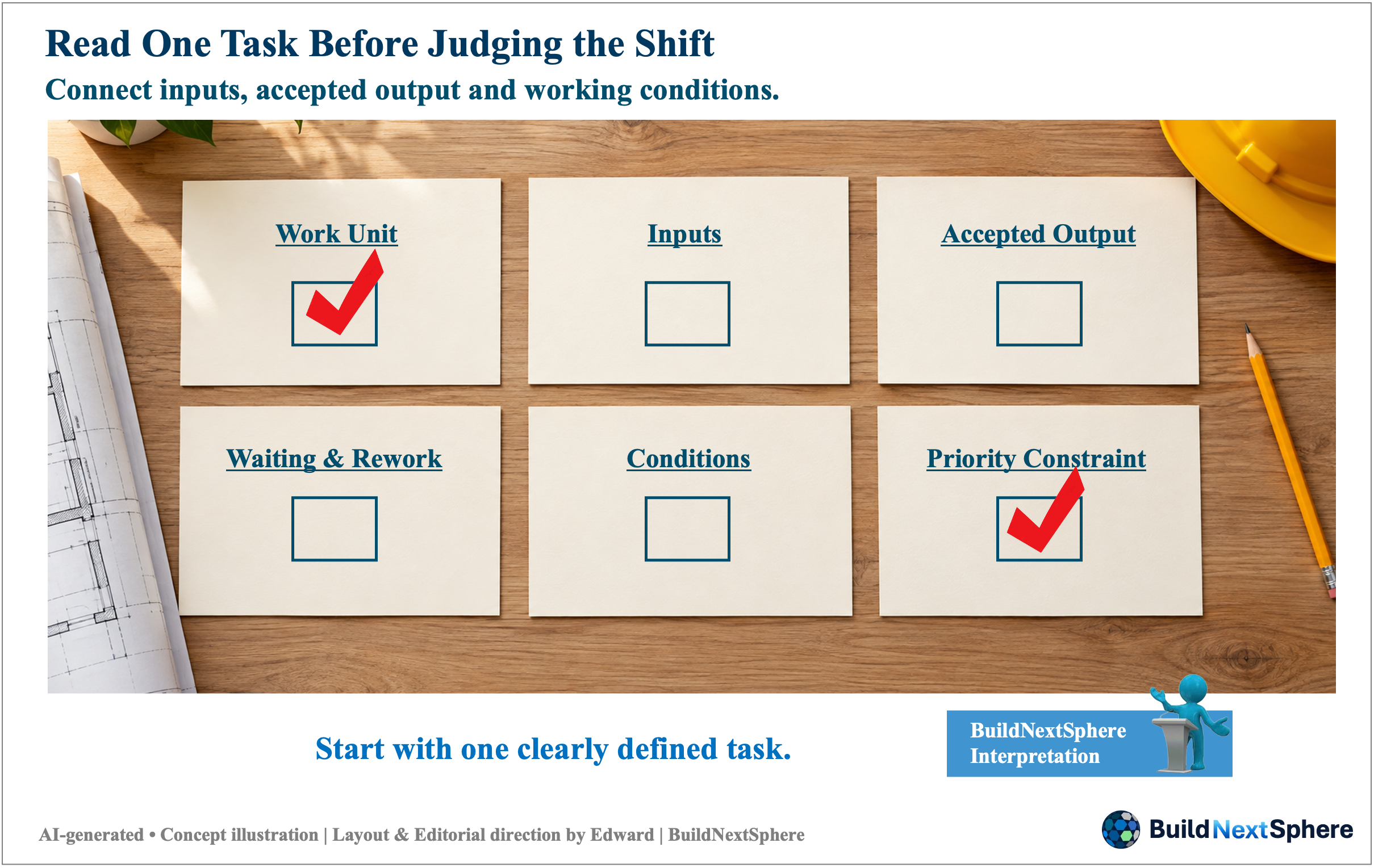 Six labelled cards show Work Unit, Inputs, Accepted Output, Waiting & Rework, Conditions and Priority Constraint. Illustrative checks appear on Work Unit and Priority Constraint.