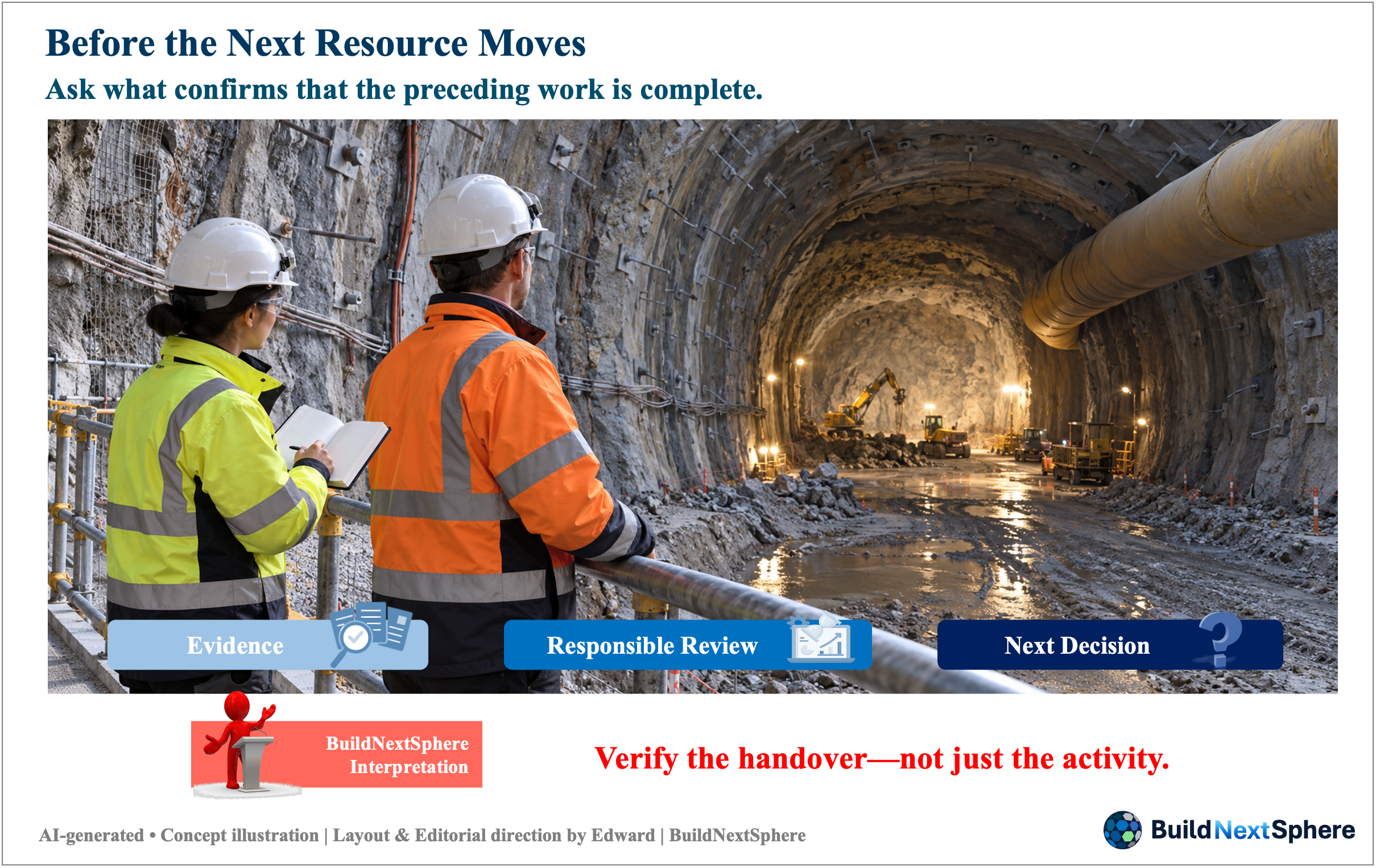 Two engineers review a tunnel work area. Three panels read Evidence, Responsible Review and Next Decision.