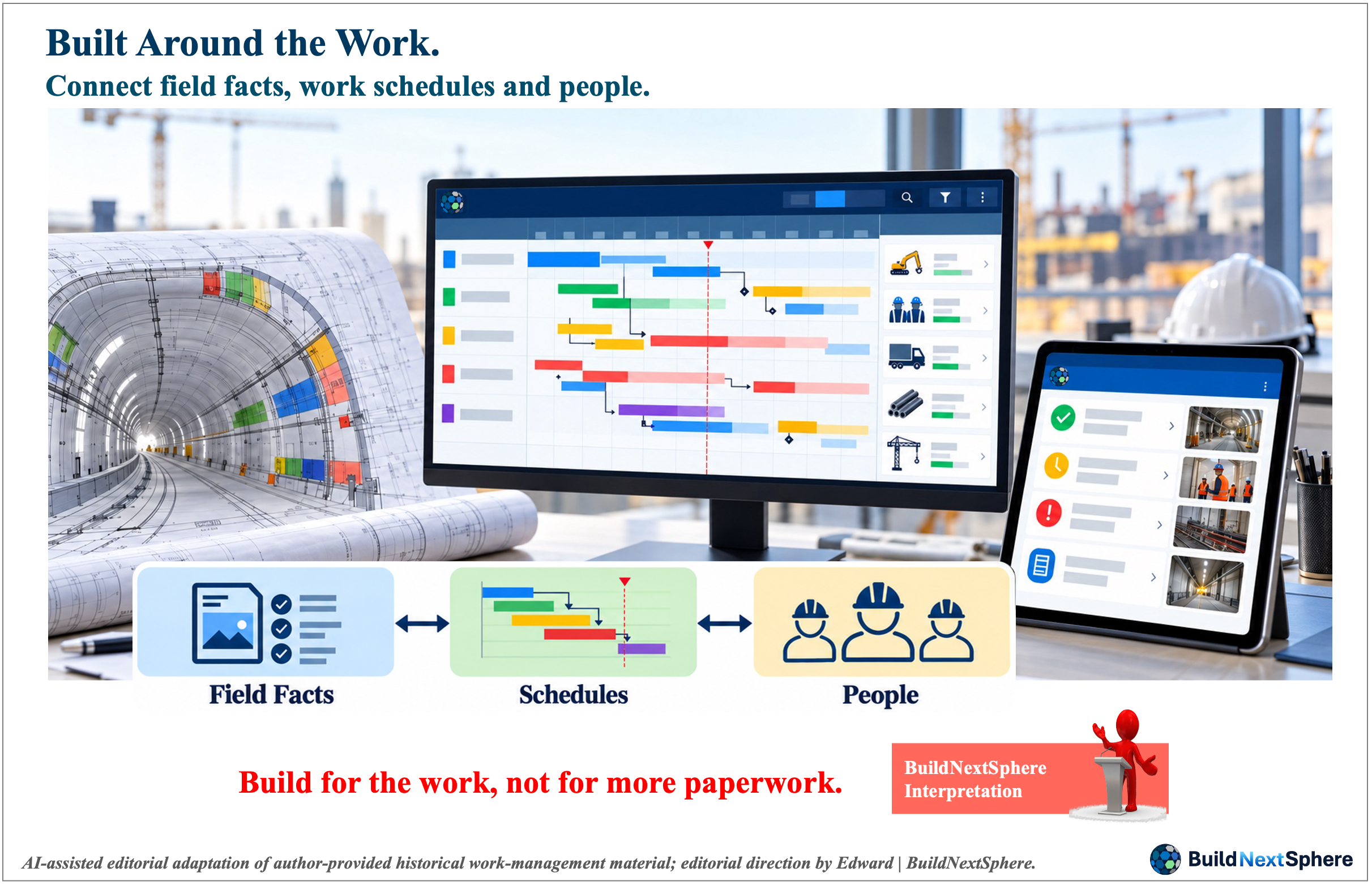 A conceptual schedule monitor, status tablet and tunnel drawing sit above a two-way diagram linking Field Facts, Schedules and People.
