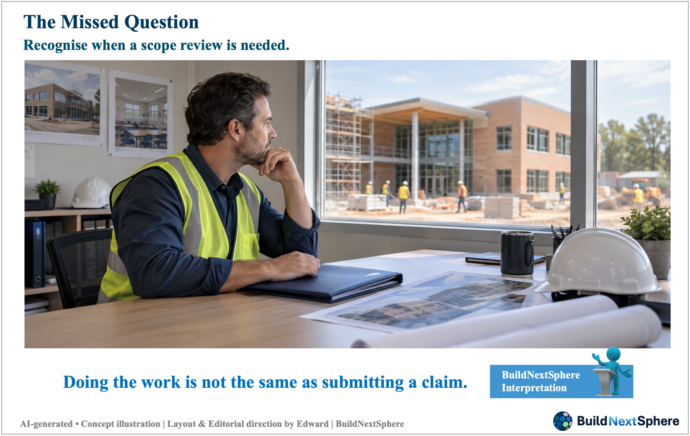 An engineer considers project records and a site photograph while looking toward an unfinished educational building. AI-generated concept illustration.