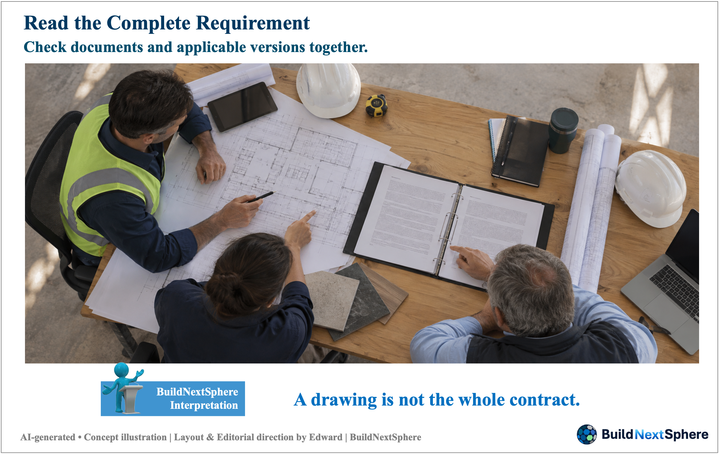 Three reviewers compare a drawing, an open binder and material samples on a table. AI-generated concept illustration.