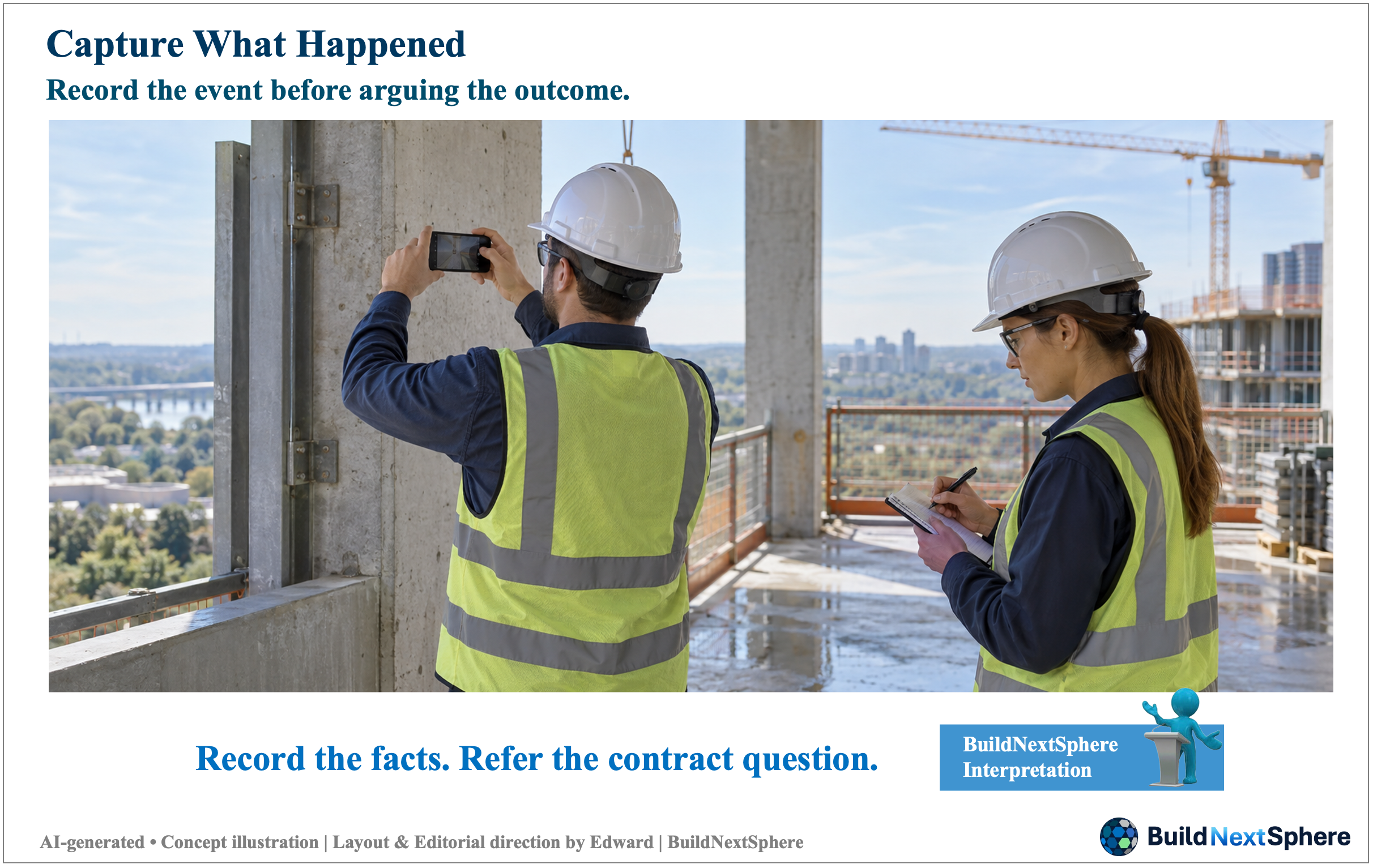 One engineer photographs a construction detail while another records observations. AI-generated concept illustration.