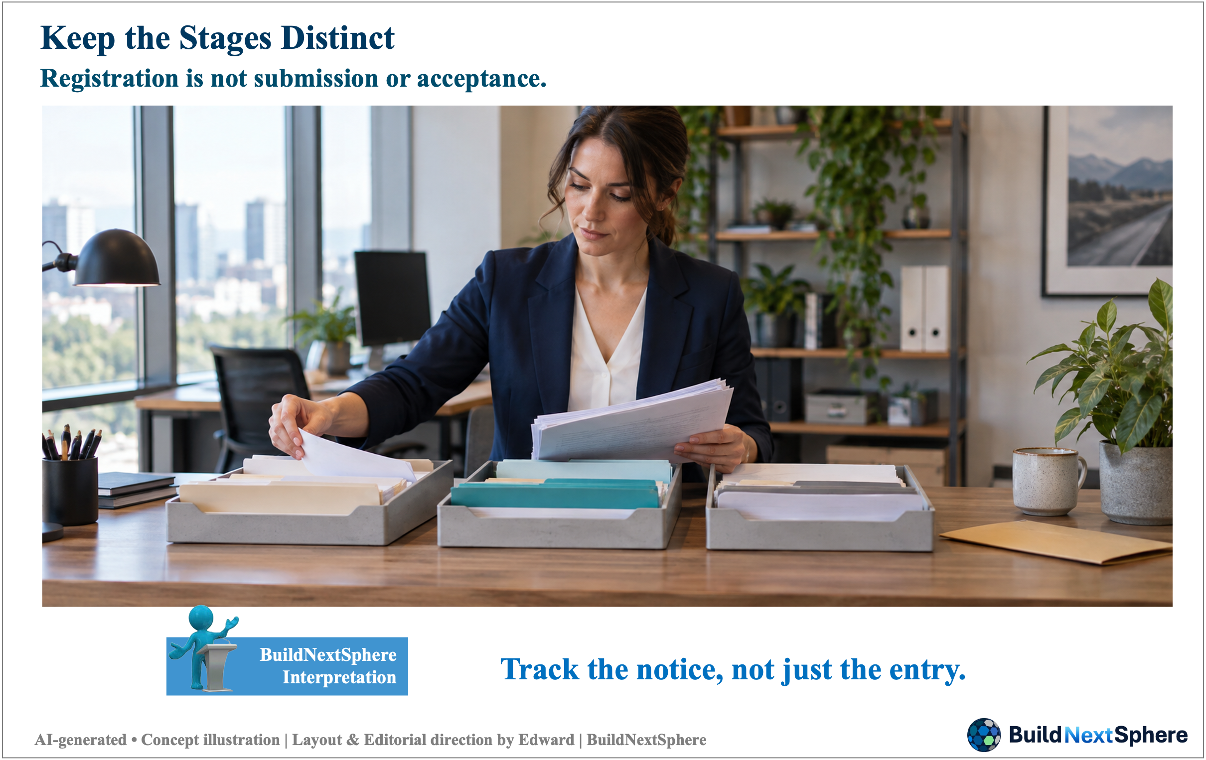 A professional sorts documents into trays with separate folders and an envelope. AI-generated concept illustration.