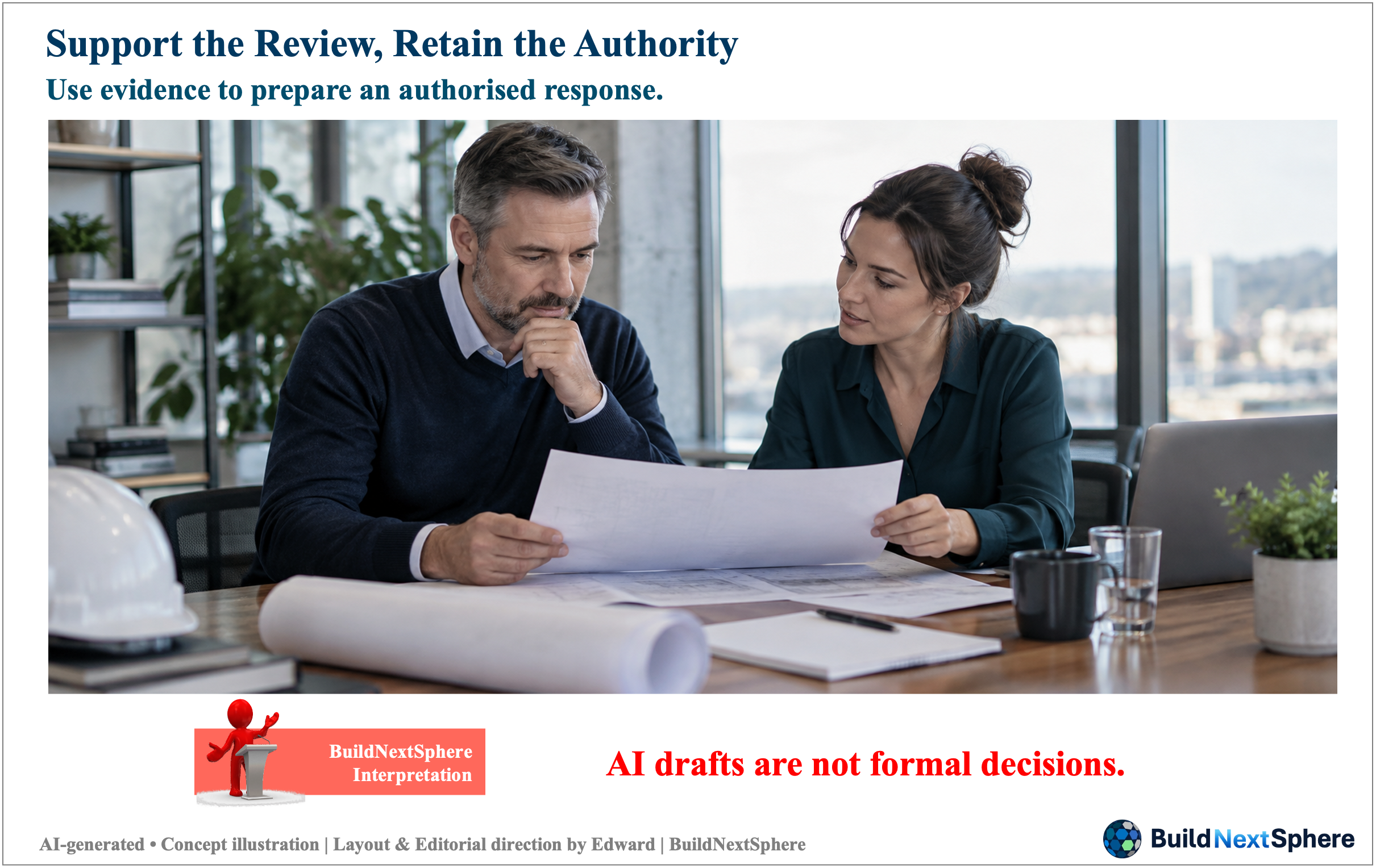 Two professionals examine documents together before deciding on a response. AI-generated concept illustration.