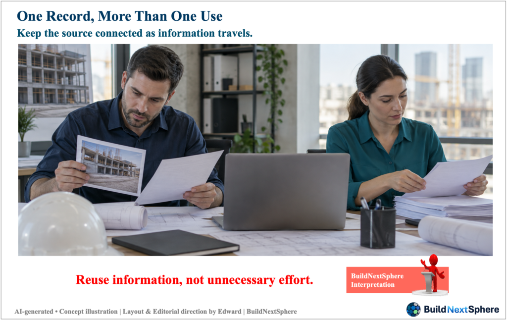 Two colleagues review a site photograph and separate paper records at the same desk. AI-generated concept illustration.