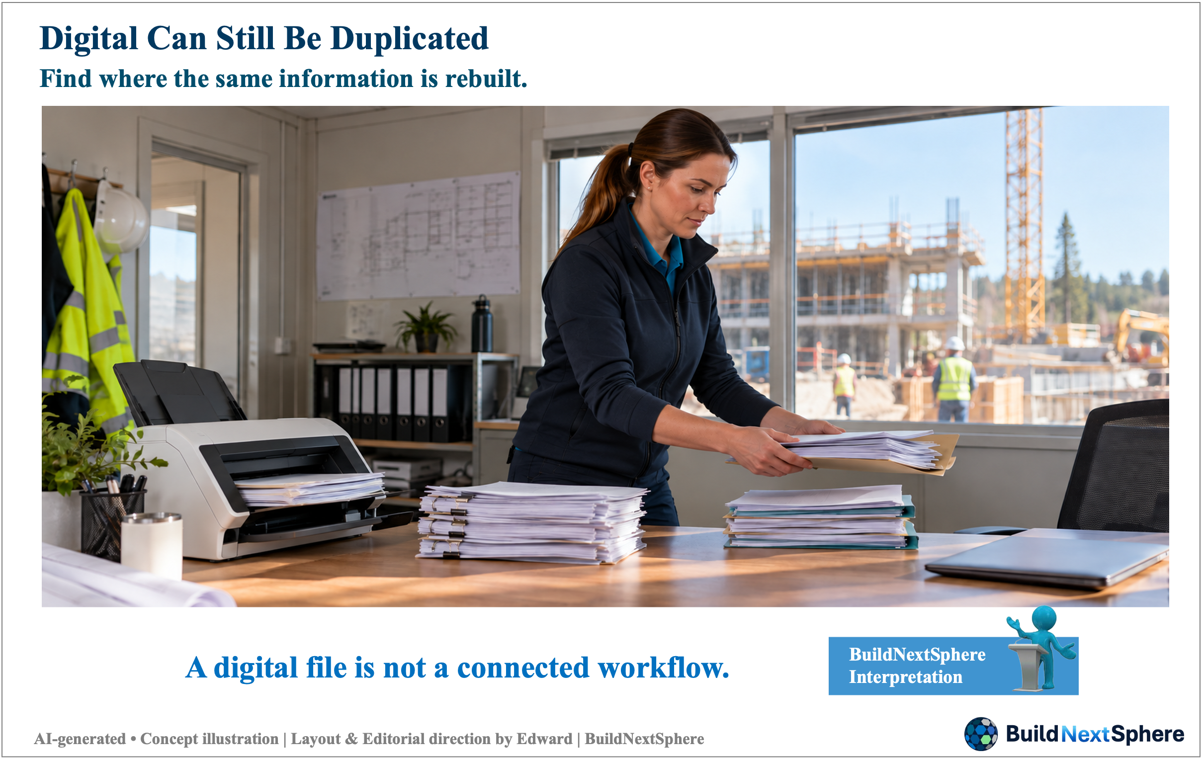 A document coordinator moves a folder between paper stacks beside a scanner. AI-generated concept illustration.