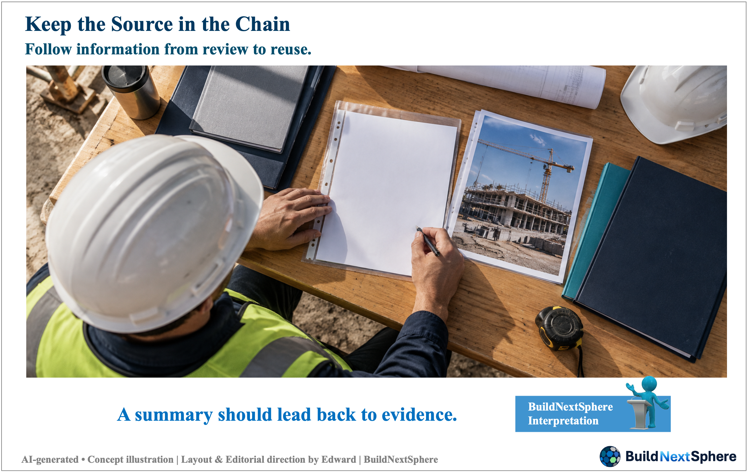 An engineer reviews a document in a clear sleeve beside a site photograph and folders. AI-generated concept illustration.