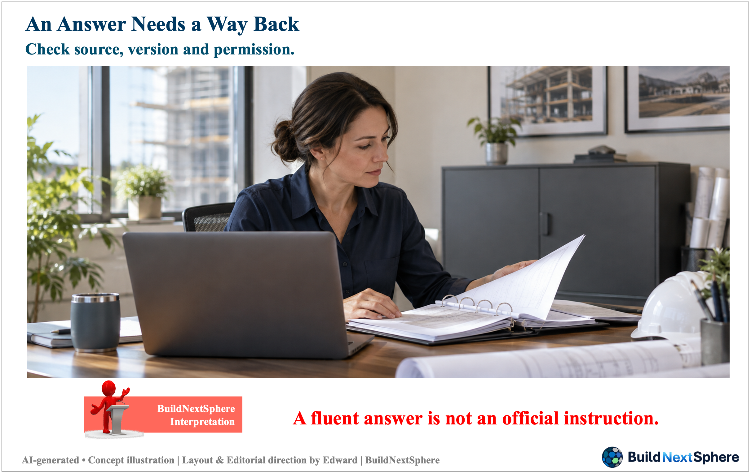 A professional checks a document binder beside a laptop. AI-generated concept illustration.