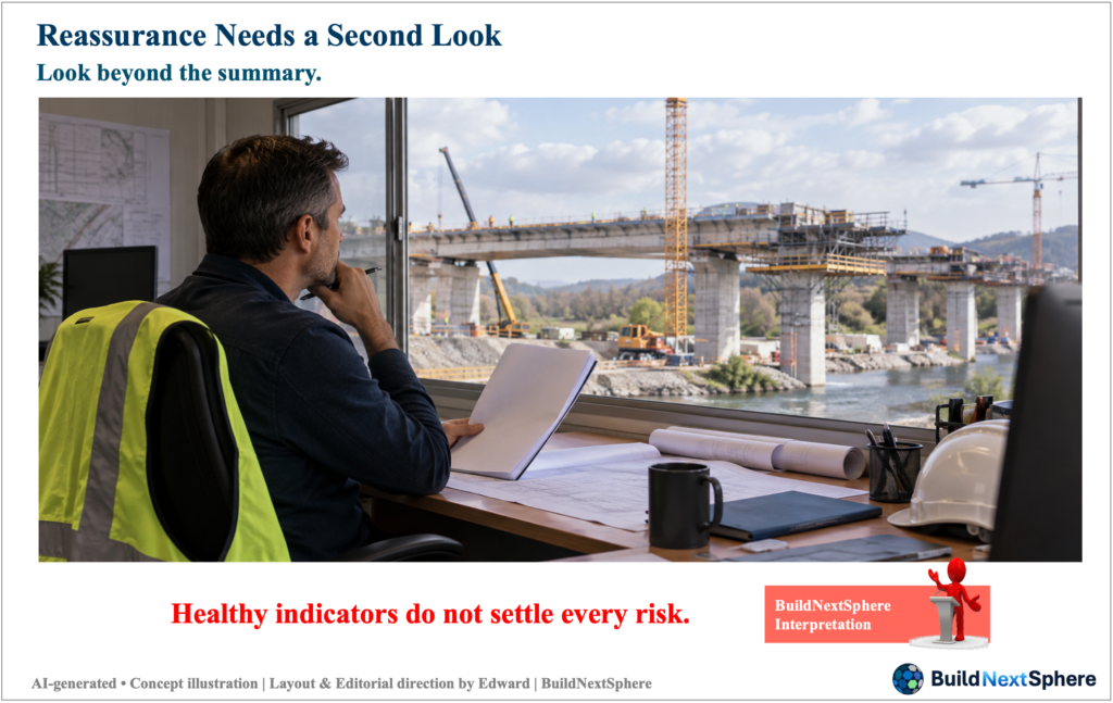 A planner looks from a report toward an unfinished bridge outside the office. AI-generated concept illustration.