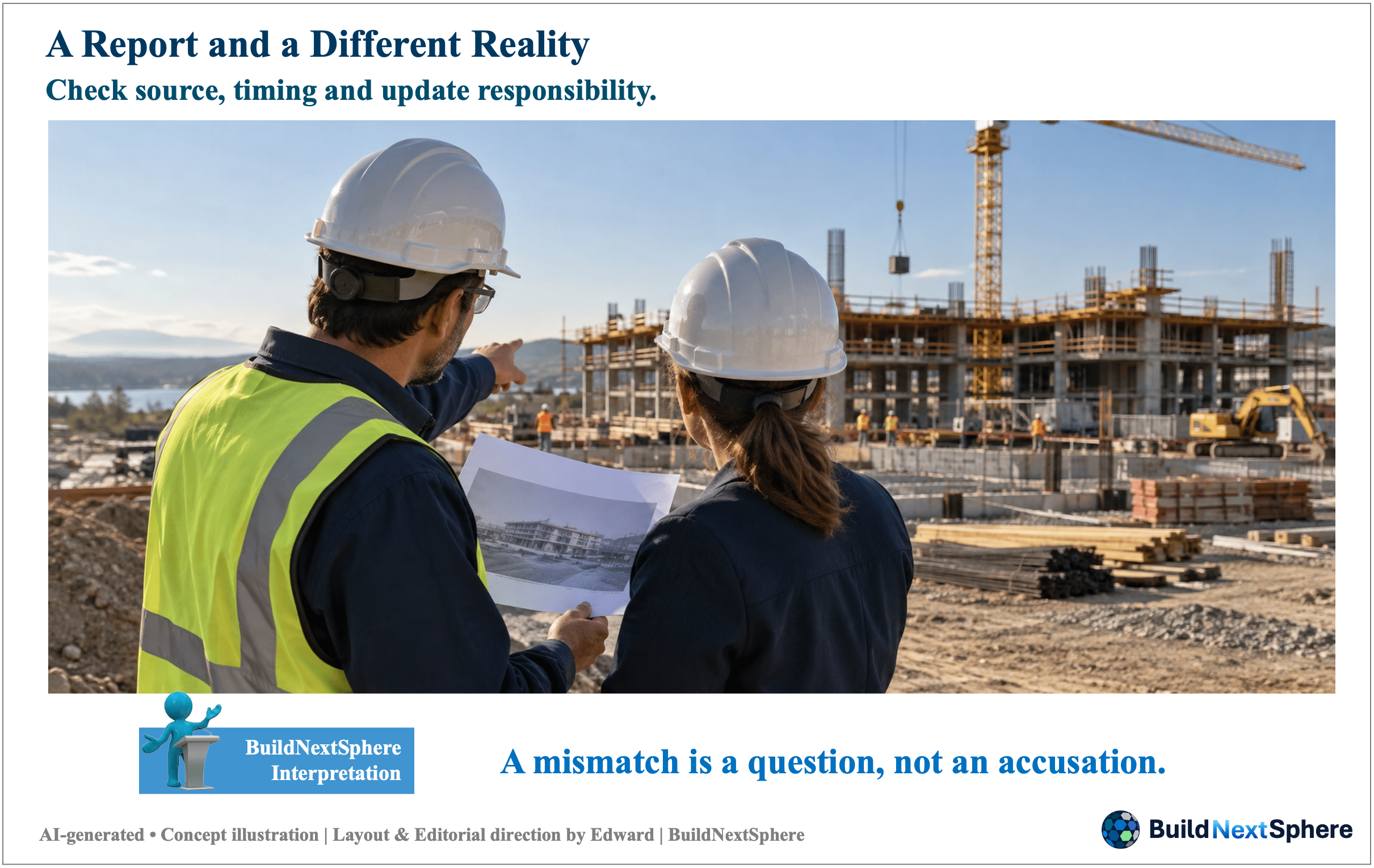 Two engineers compare a printed site photograph with the construction in front of them. AI-generated concept illustration.