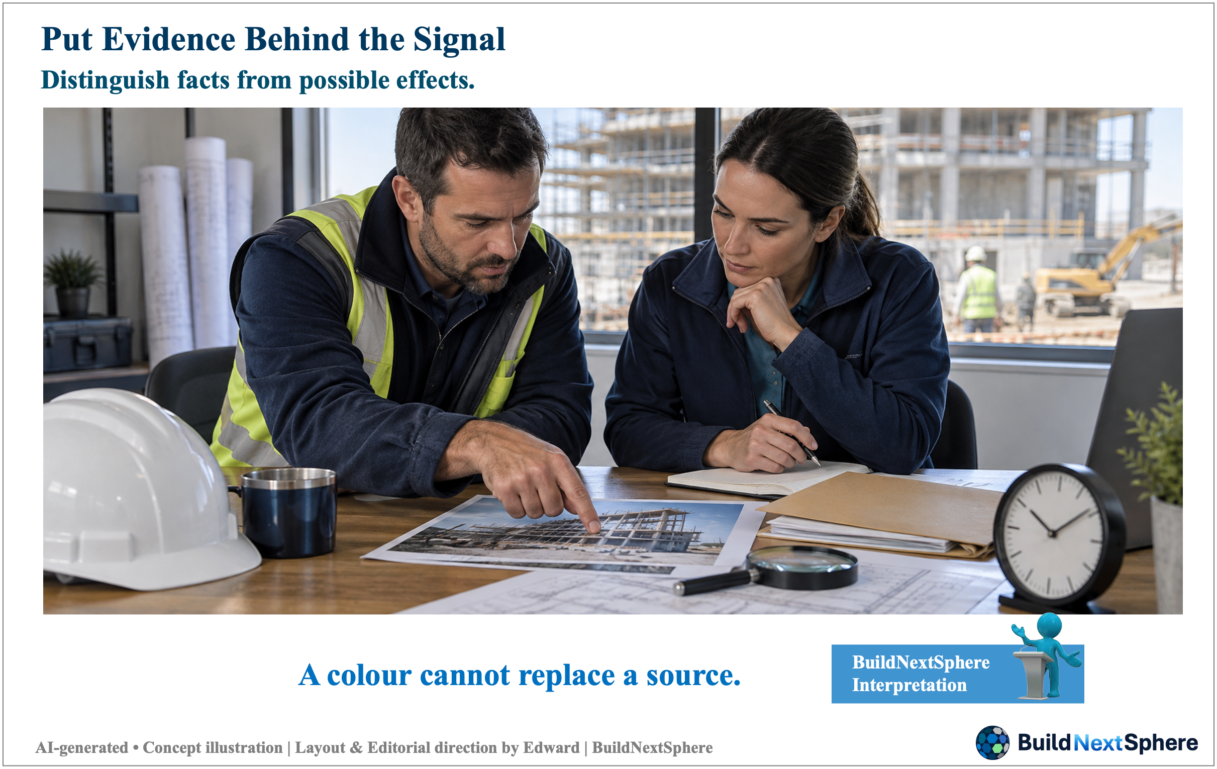 Two reviewers examine a site photograph and records beside a clock. AI-generated concept illustration.