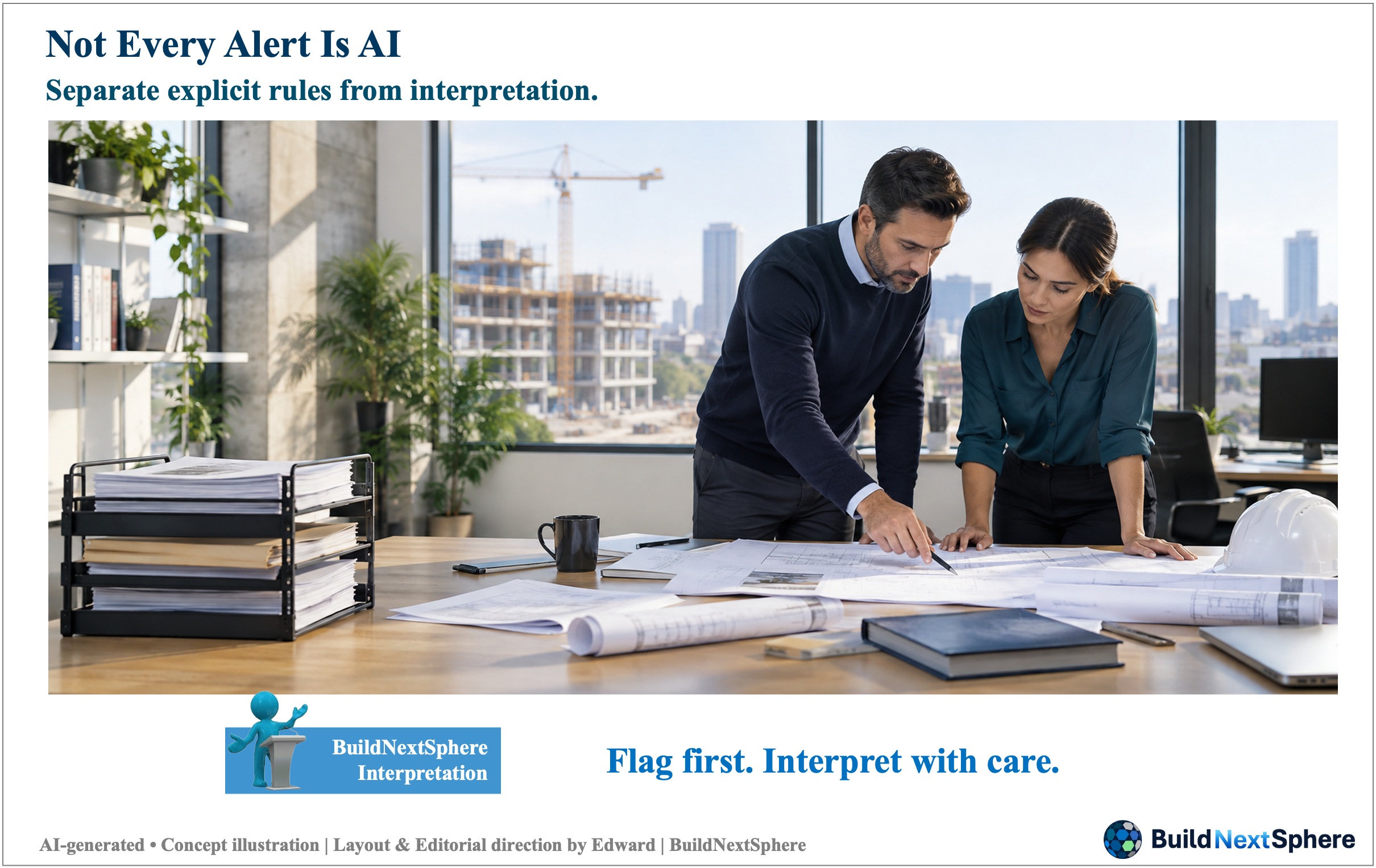 Two colleagues review drawings beside trays of documents. AI-generated concept illustration.