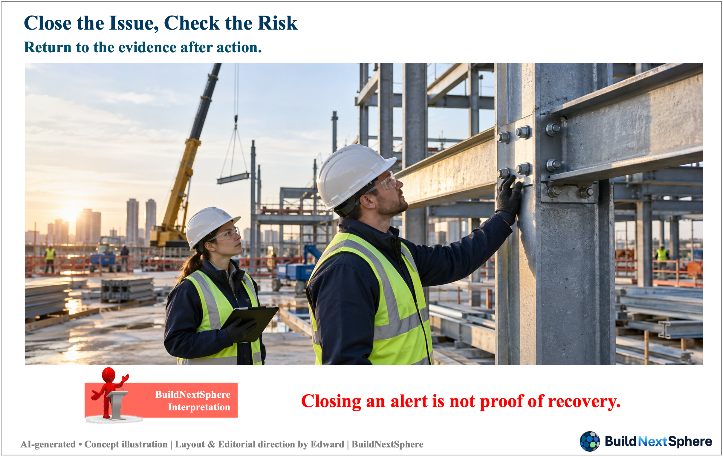 Two engineers inspect a steel connection and record their observations. AI-generated concept illustration.