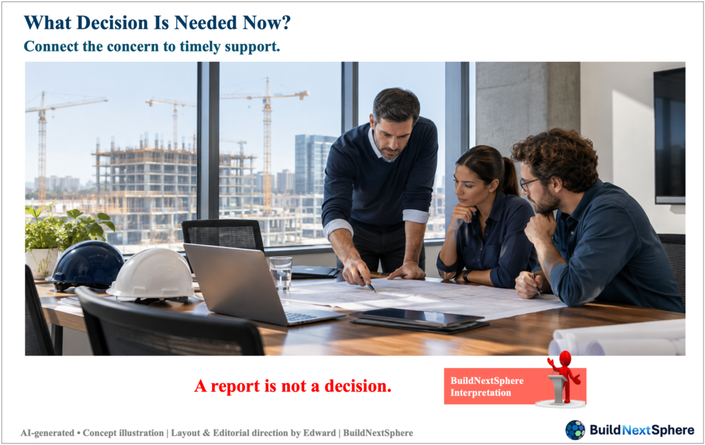 Three professionals review project information together in a meeting room. AI-generated concept illustration.