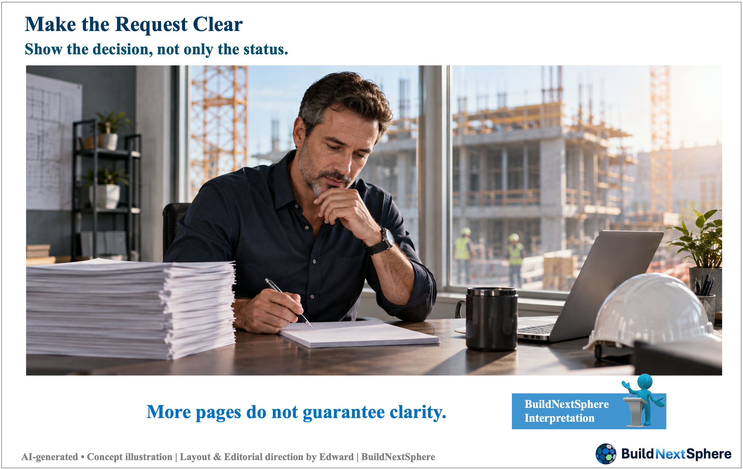 A manager studies a short document with a large report stack set aside. AI-generated concept illustration.