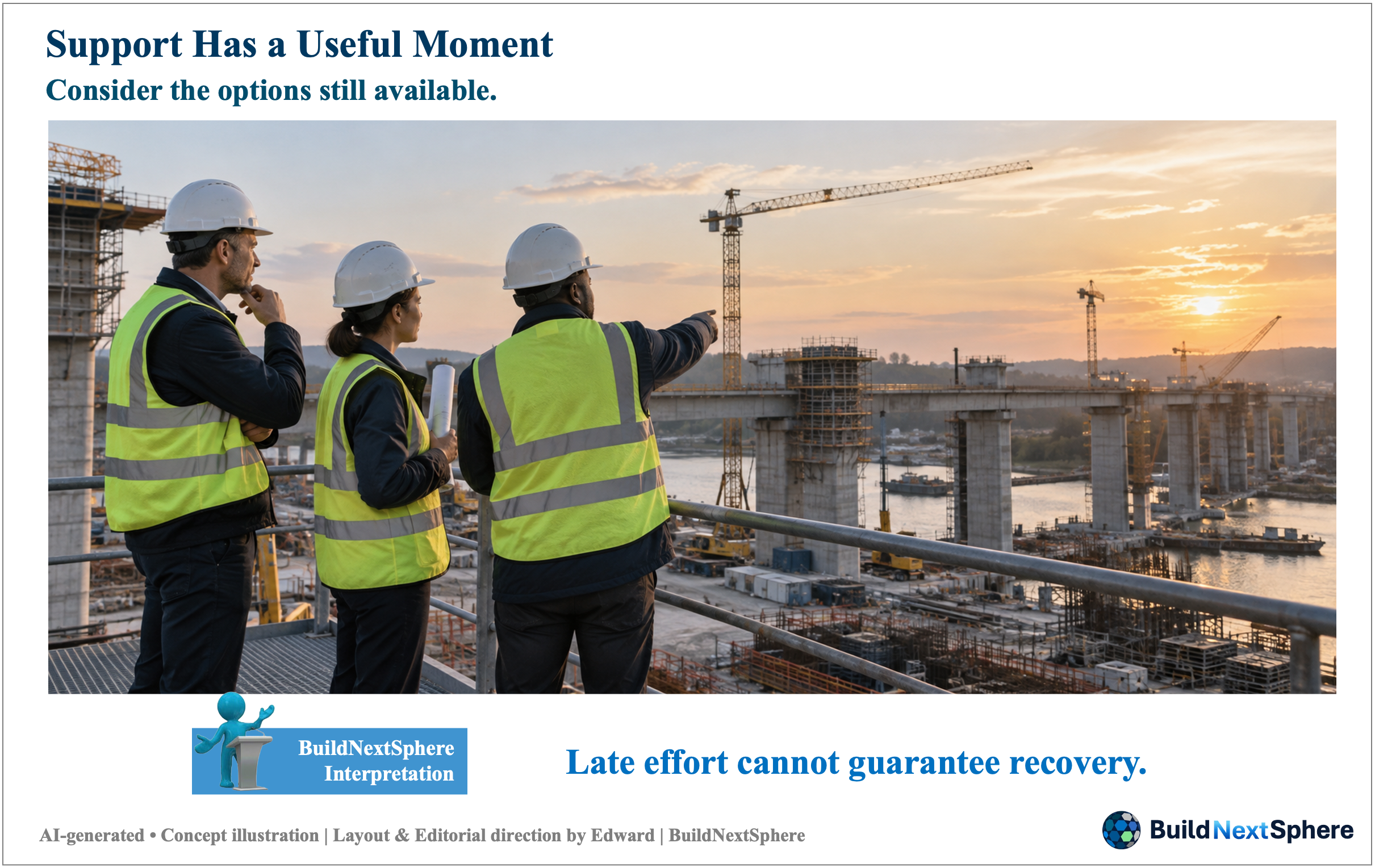 Three project representatives observe an unfinished infrastructure site. AI-generated concept illustration.