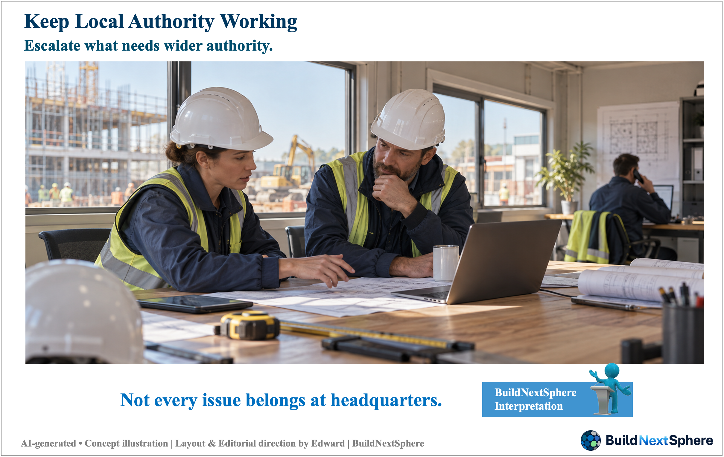 Two site colleagues discuss a plan while another person makes a call in the background. AI-generated concept illustration.