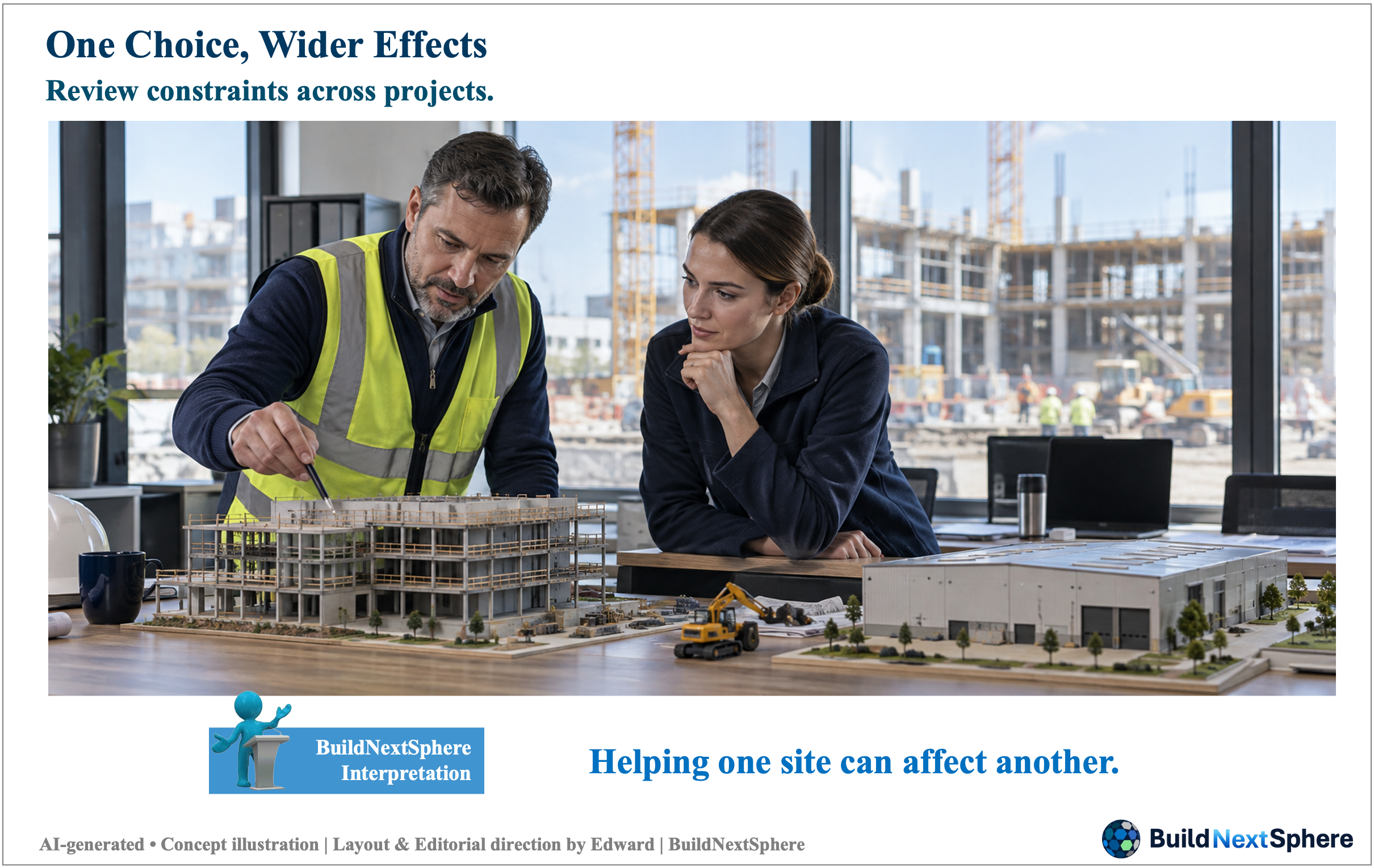 Two reviewers compare two construction models and a small equipment model. AI-generated concept illustration.