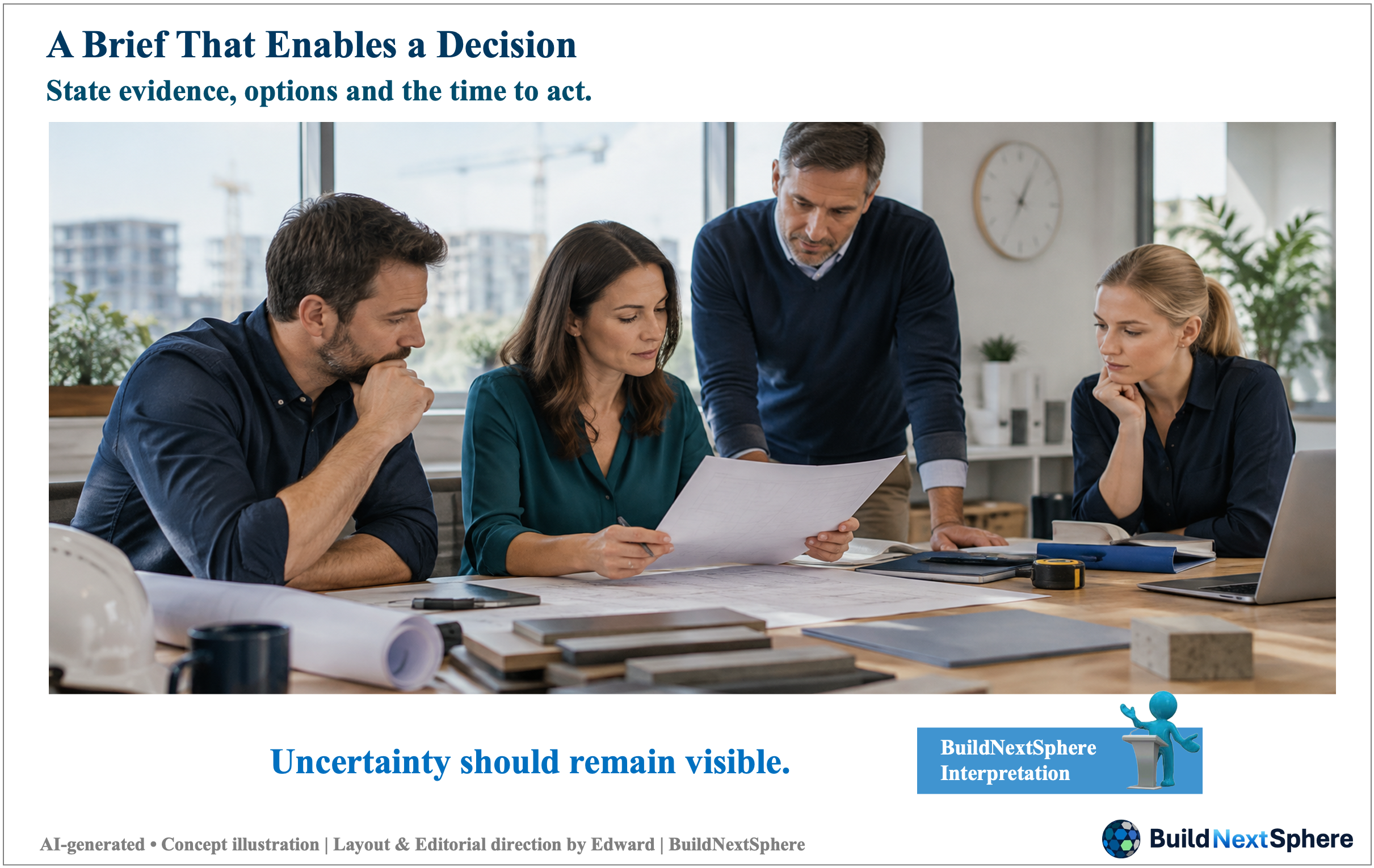 Four colleagues discuss documents and alternatives around a meeting table. AI-generated concept illustration.