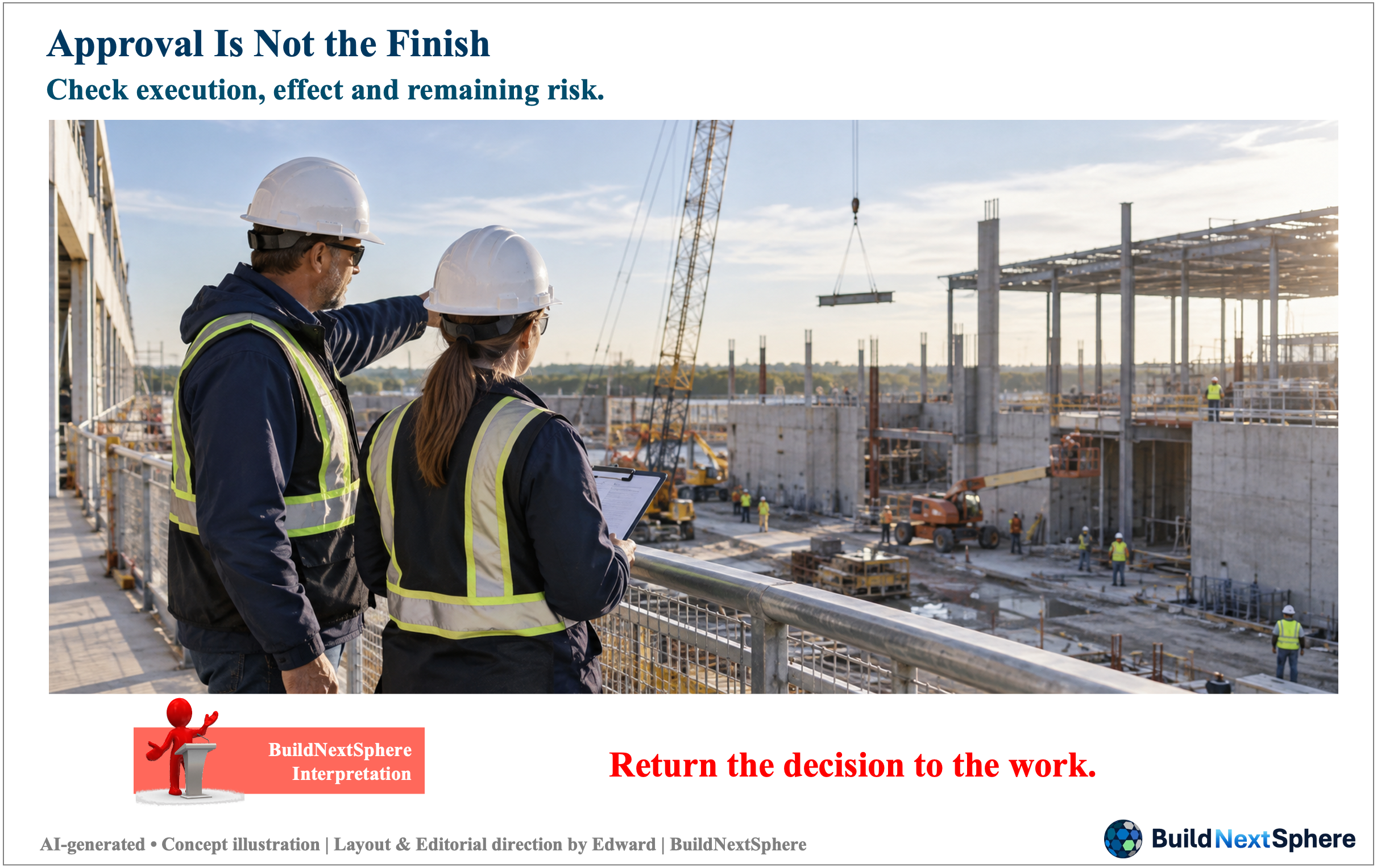 Two supervisors review ongoing construction from an observation walkway. AI-generated concept illustration.
