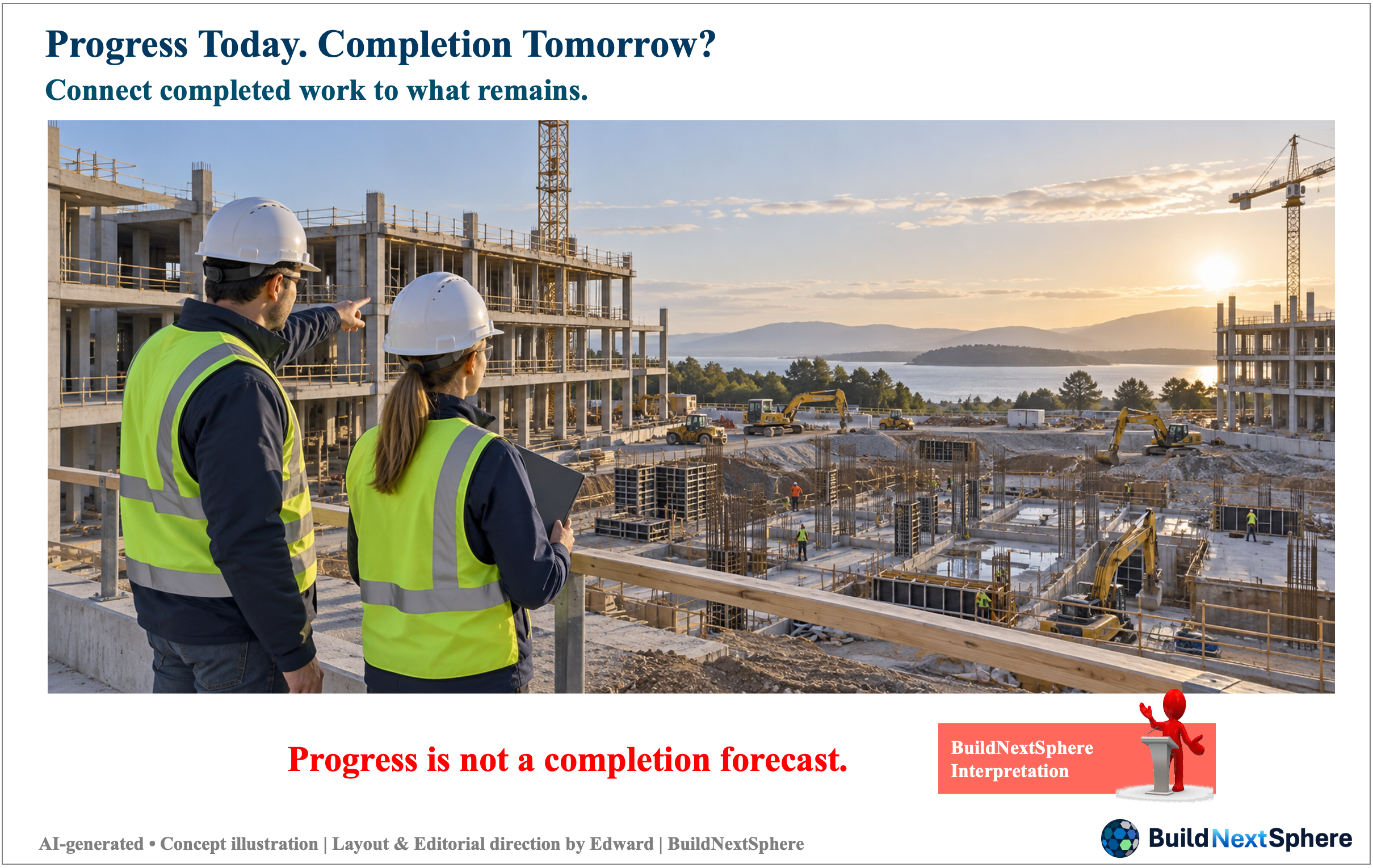 Two engineers observe completed structural work and unfinished areas on the same construction site. AI-generated concept illustration.