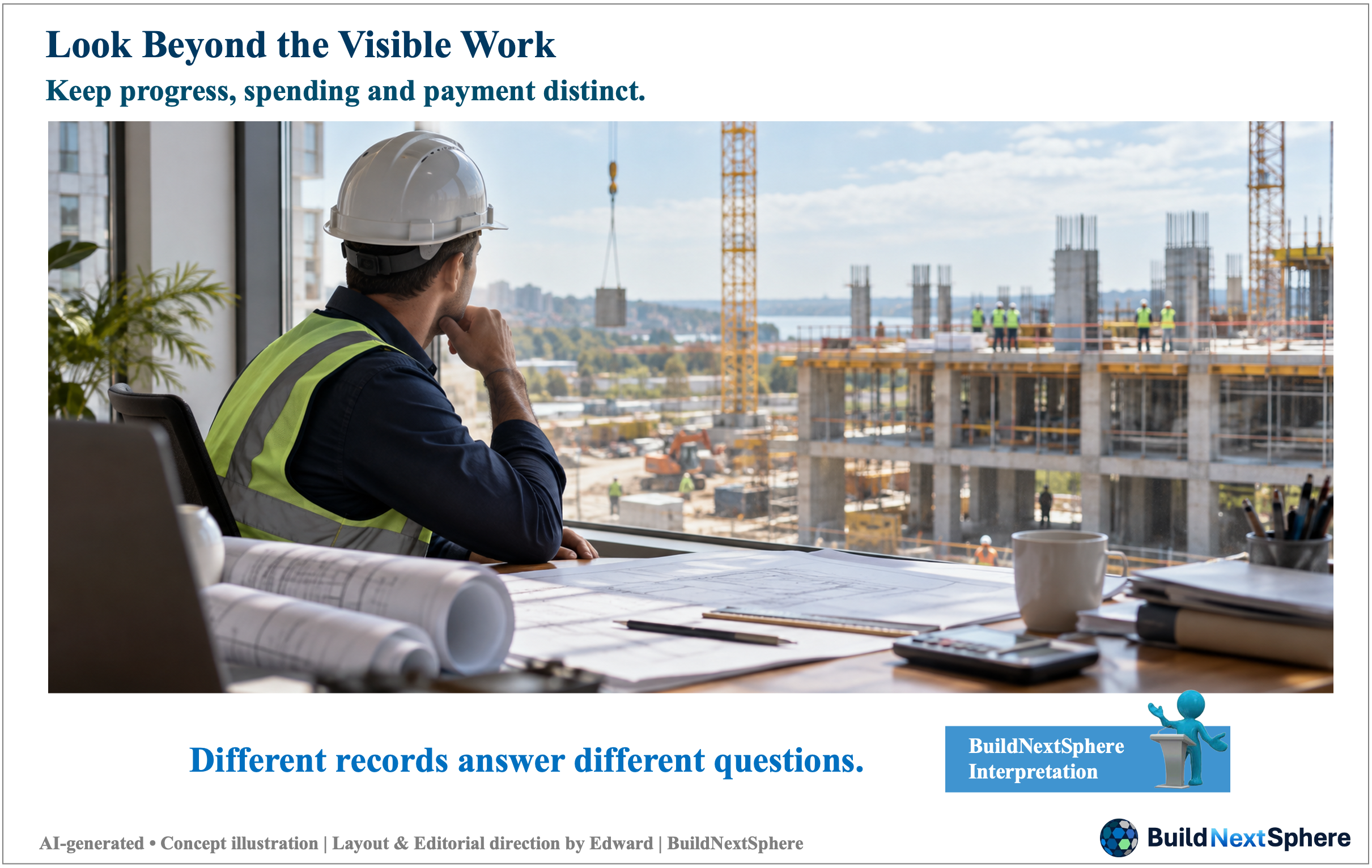 A planner compares drawings and records beside a window overlooking construction. AI-generated concept illustration.