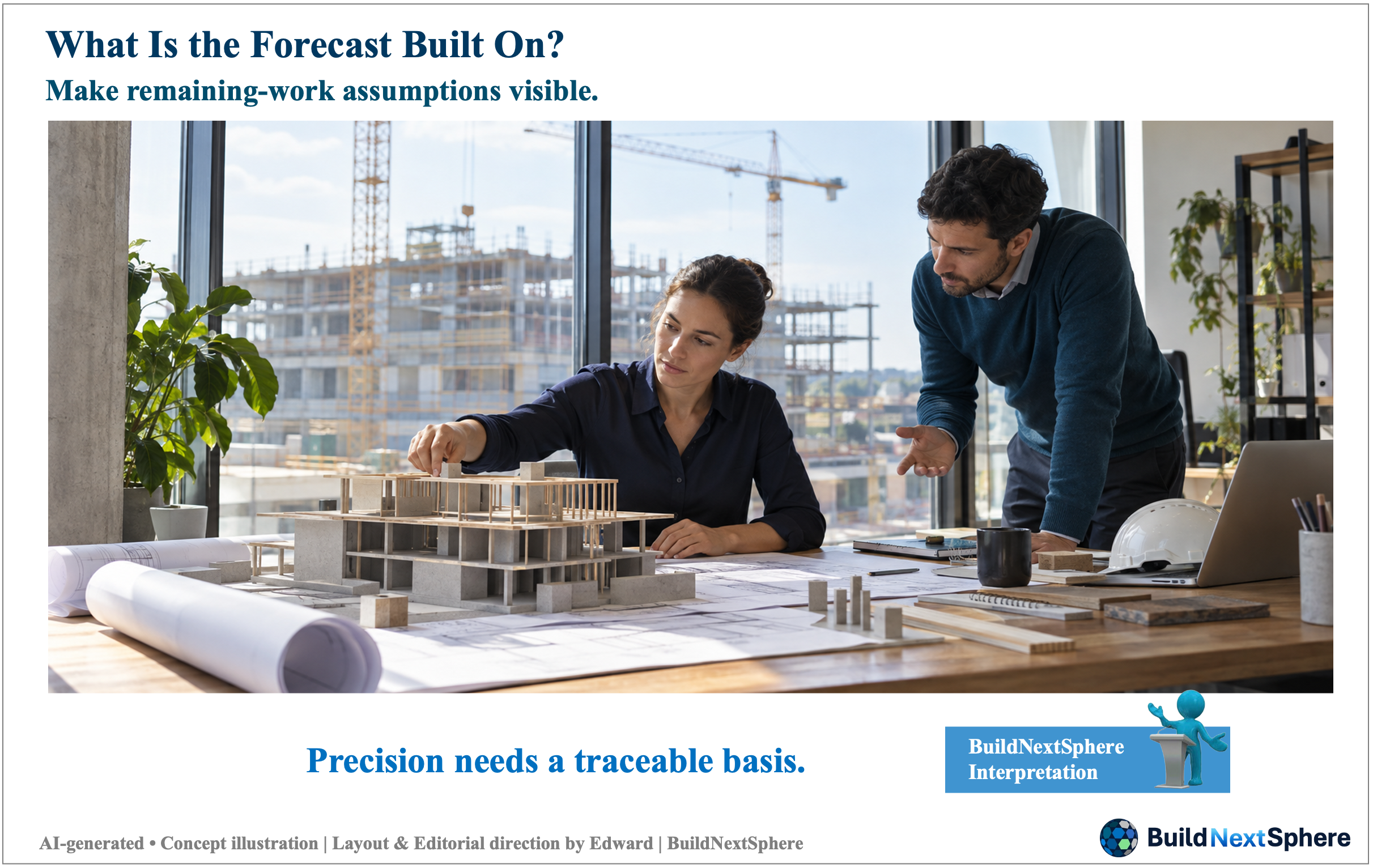 Two reviewers discuss a physical building model. AI-generated concept illustration.
