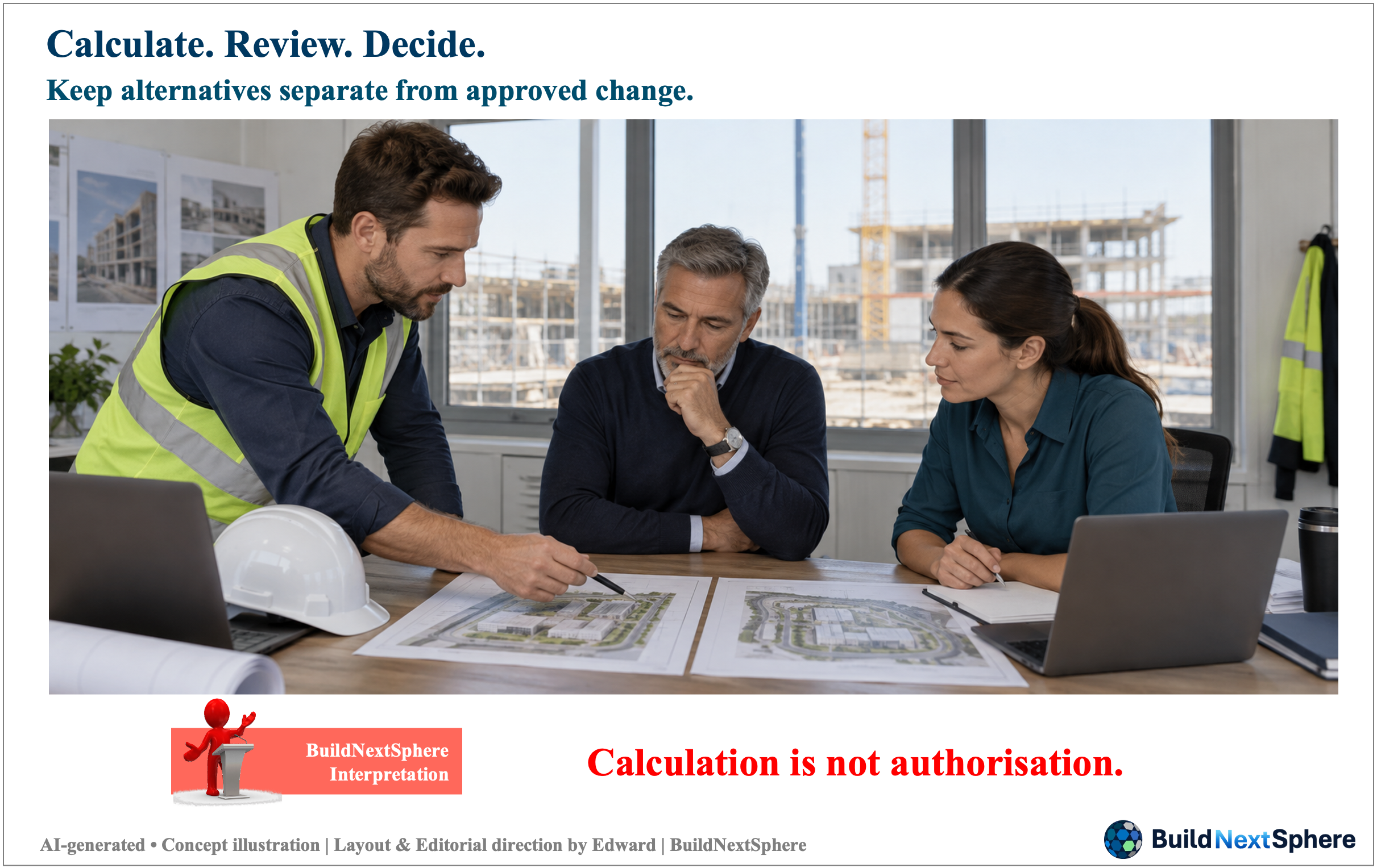 Three professionals compare construction plans and records. AI-generated concept illustration.